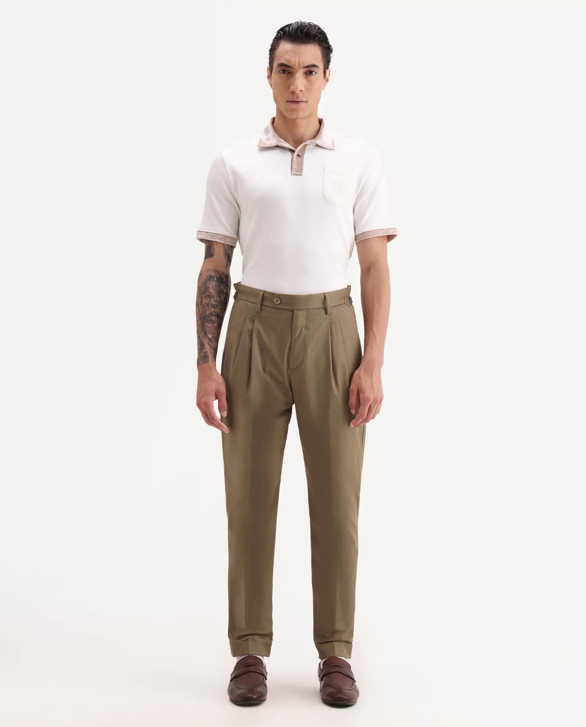 Rare Rabbit Men's Lewit Khaki Cotton Plain Regular Fit Trouser