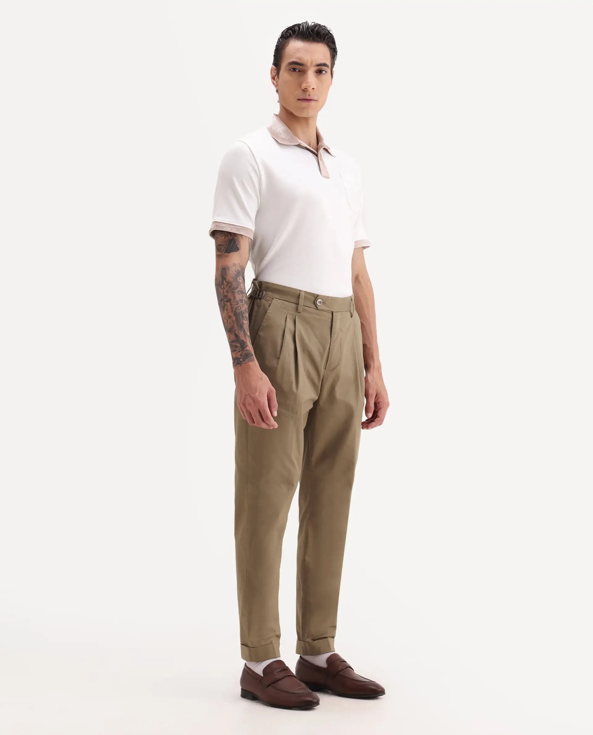Rare Rabbit Men's Lewit Khaki Cotton Plain Regular Fit Trouser