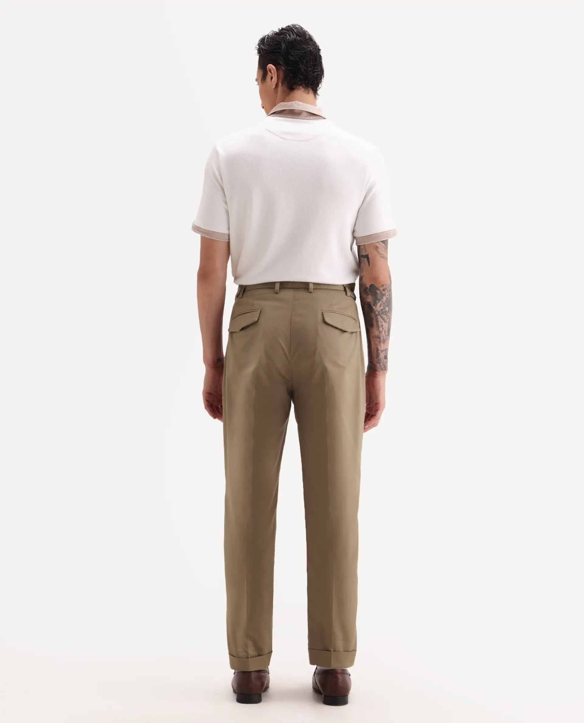 Rare Rabbit Men's Lewit Khaki Cotton Plain Regular Fit Trouser