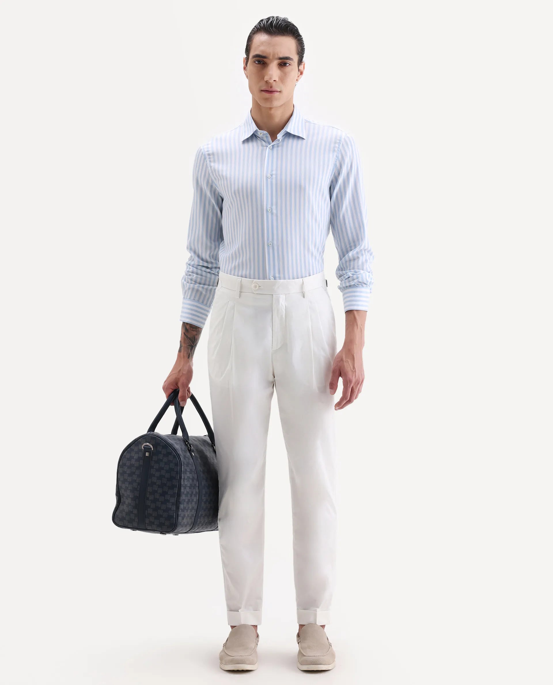 Rare Rabbit Men's Lewit Off White Cotton Plain Regular Fit Trouser