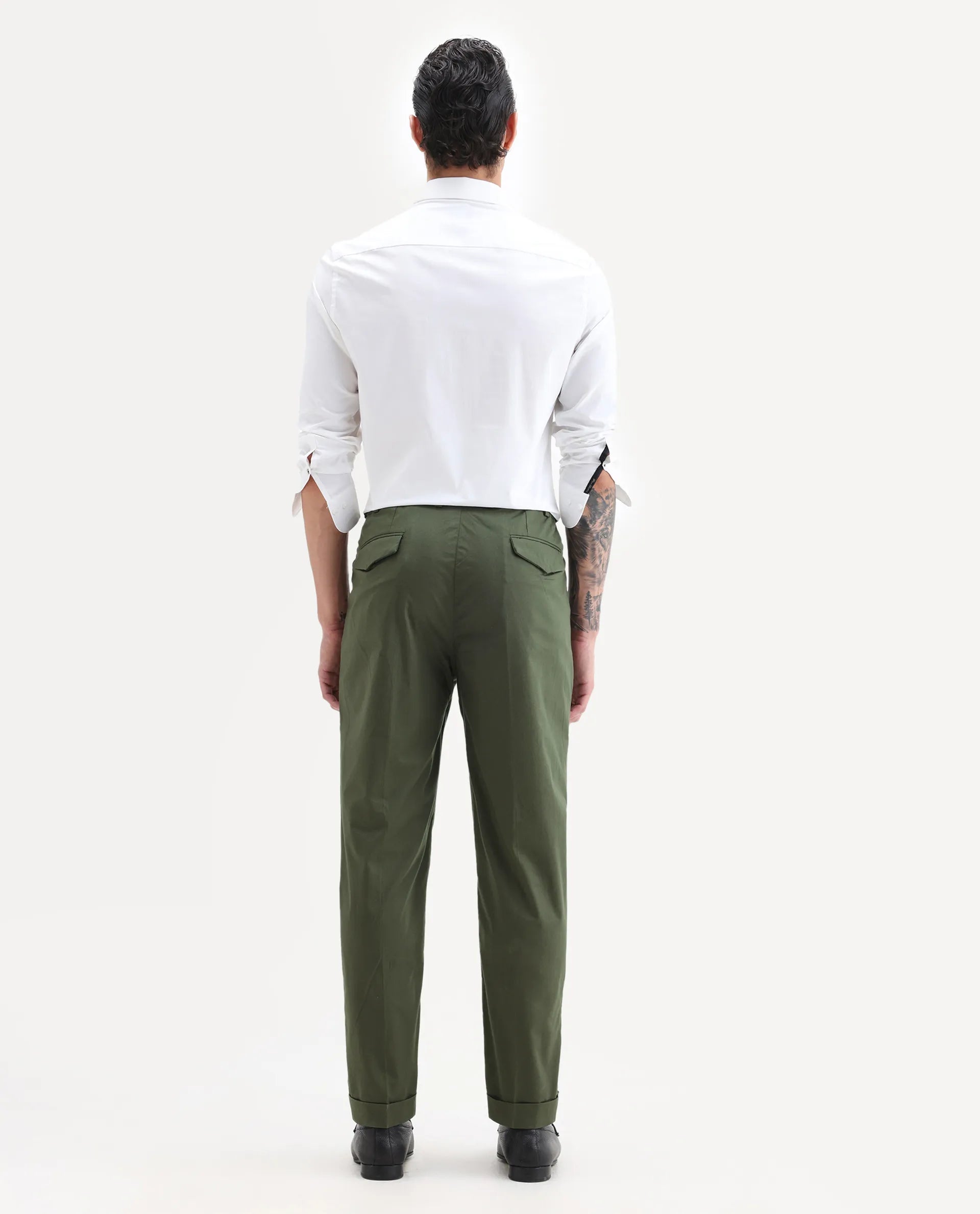 Rare Rabbit Men's Lewit Olive Cotton Plain Regular Fit Trouser
