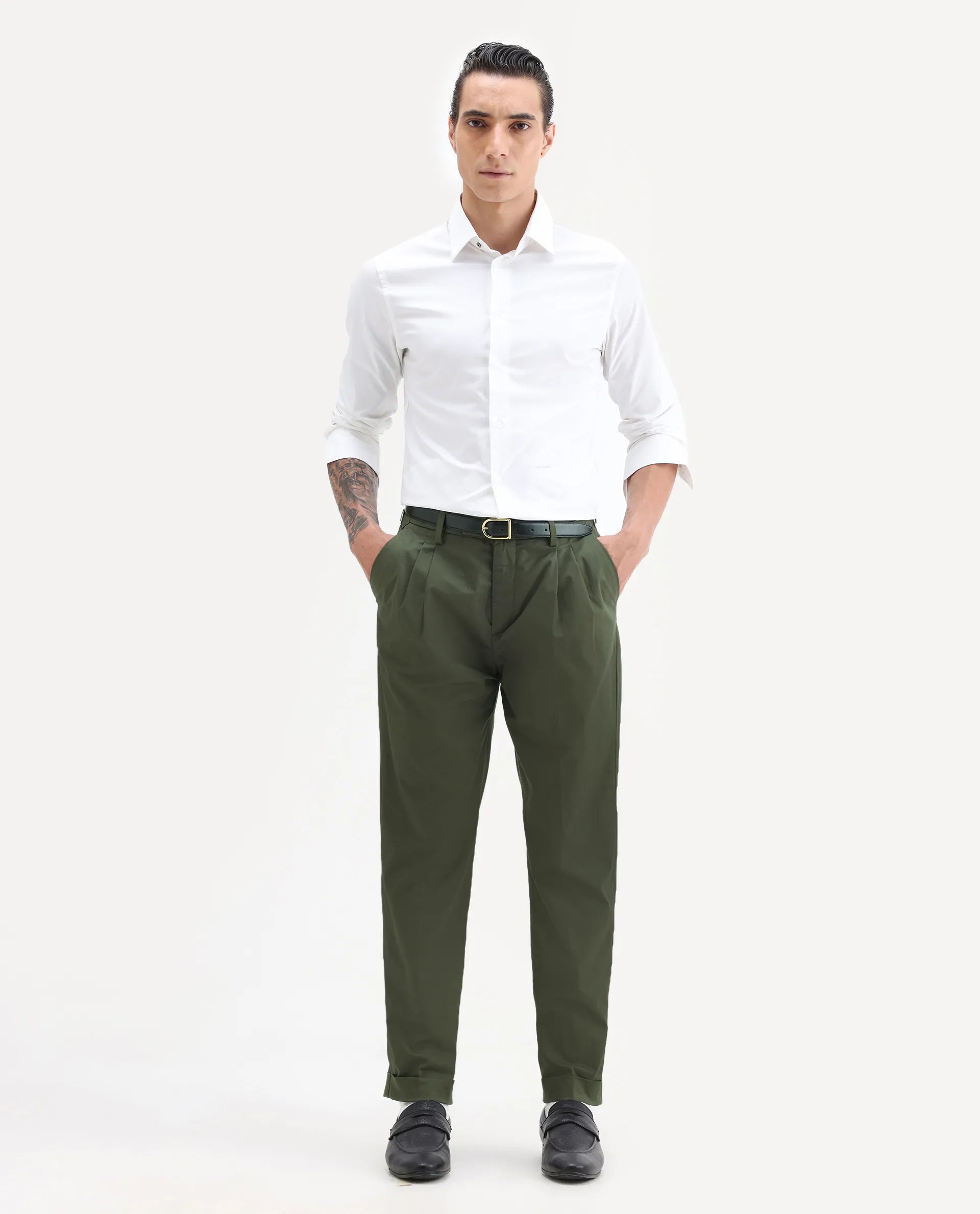 Rare Rabbit Men's Lewit Olive Cotton Plain Regular Fit Trouser