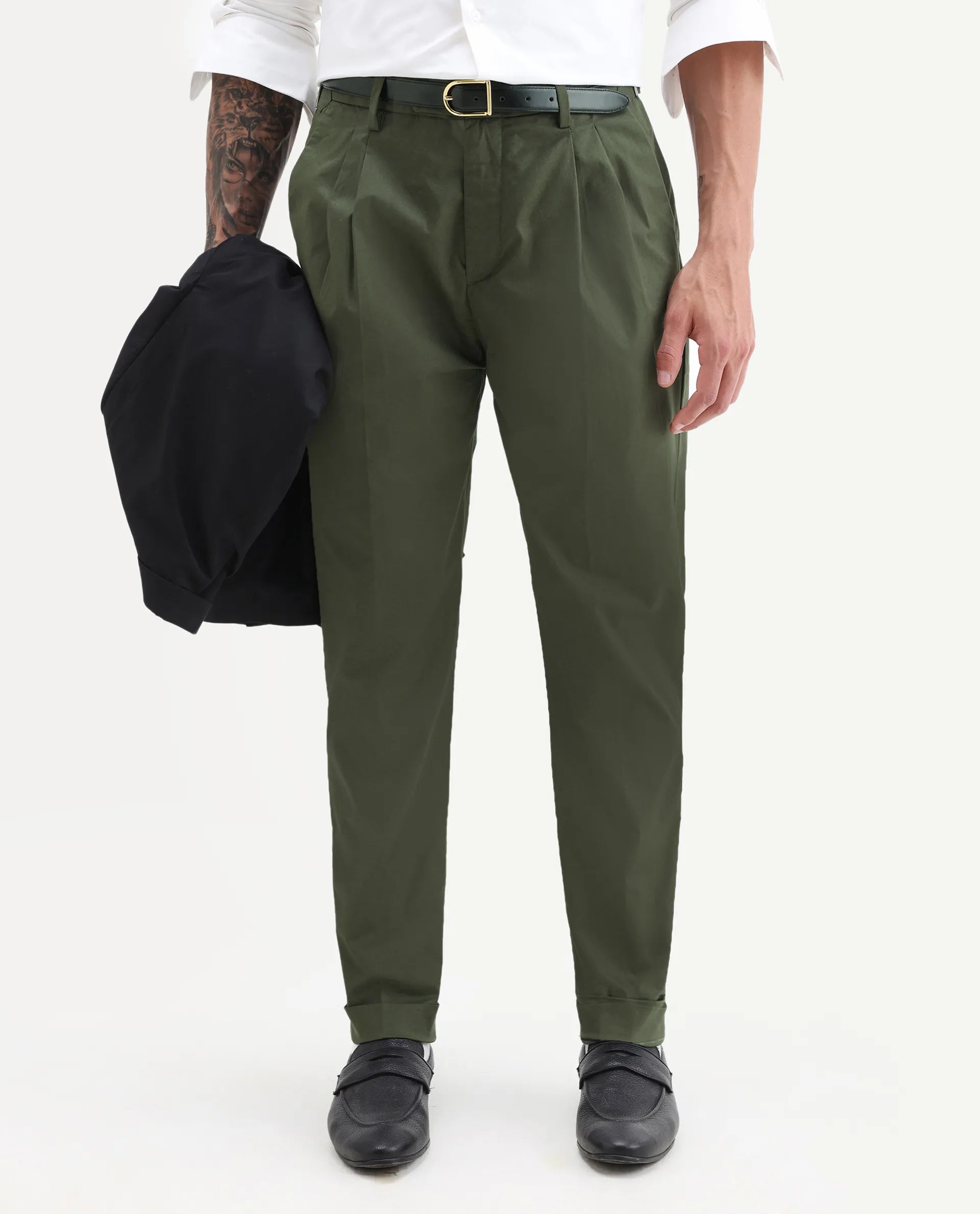 Rare Rabbit Men's Lewit Olive Cotton Plain Regular Fit Trouser
