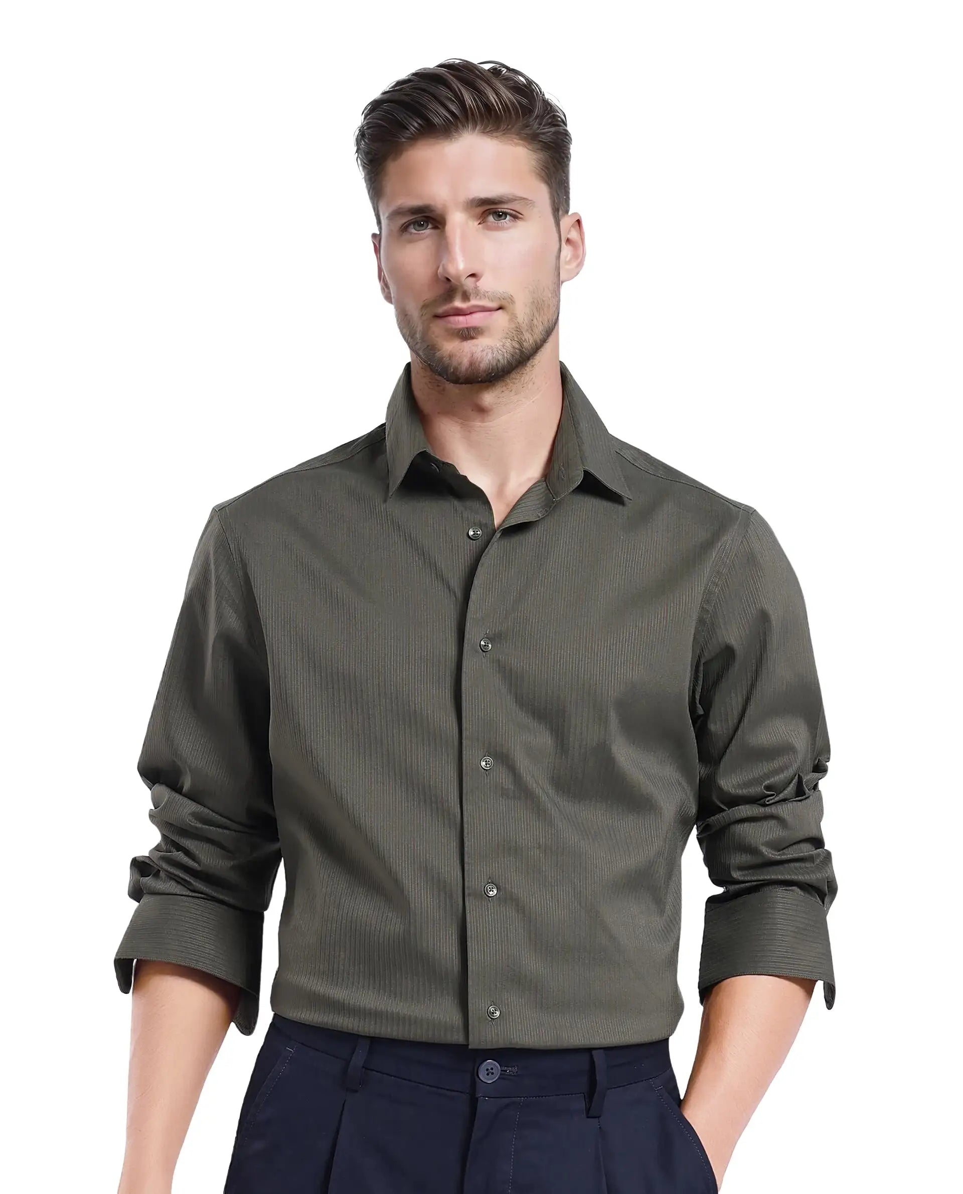 Rare Rabbit Men Lews Dark Olive Knitted Jacquard Fabric Full Sleeve Regular Fit Shirt