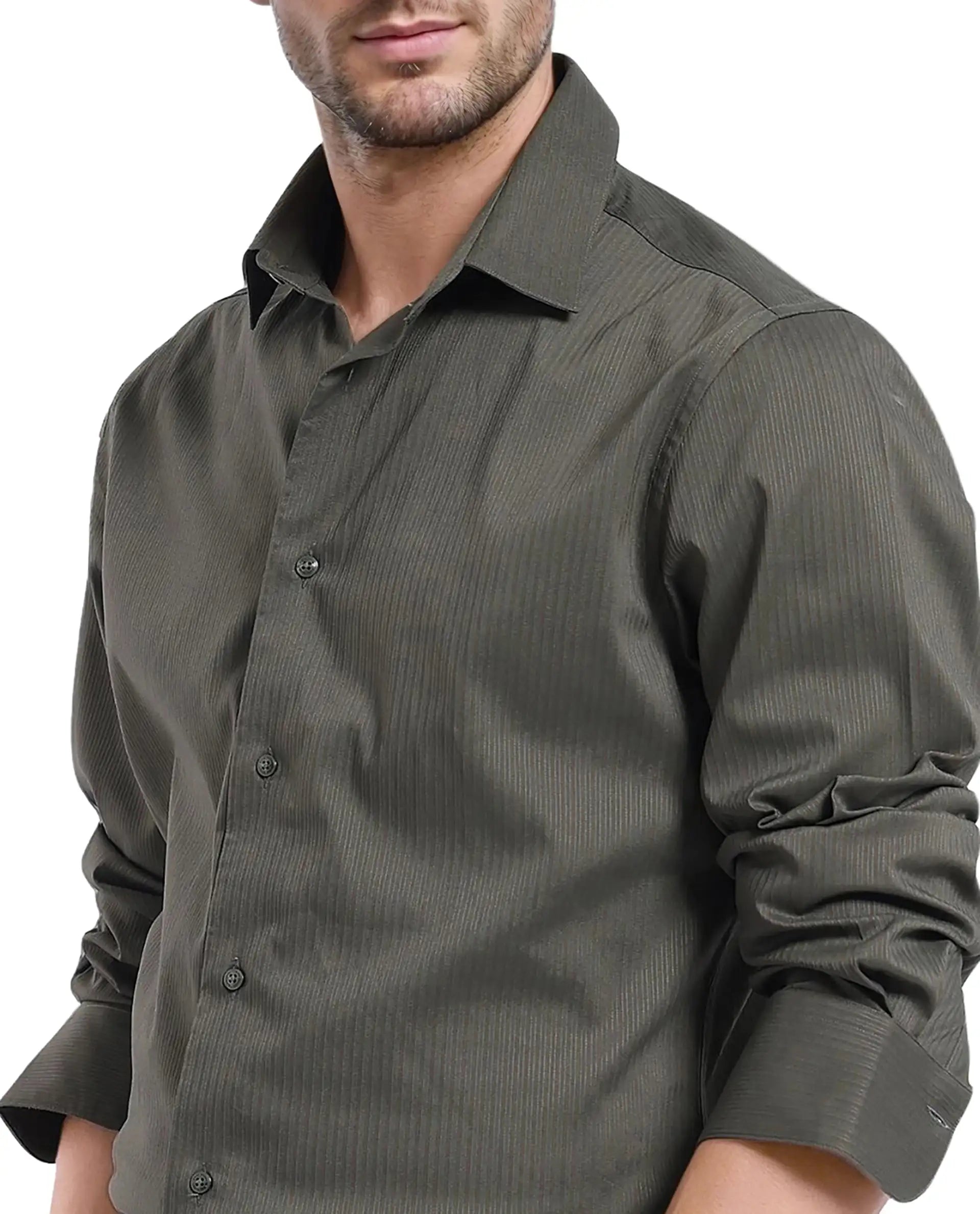 Rare Rabbit Men Lews Dark Olive Knitted Jacquard Fabric Full Sleeve Regular Fit Shirt