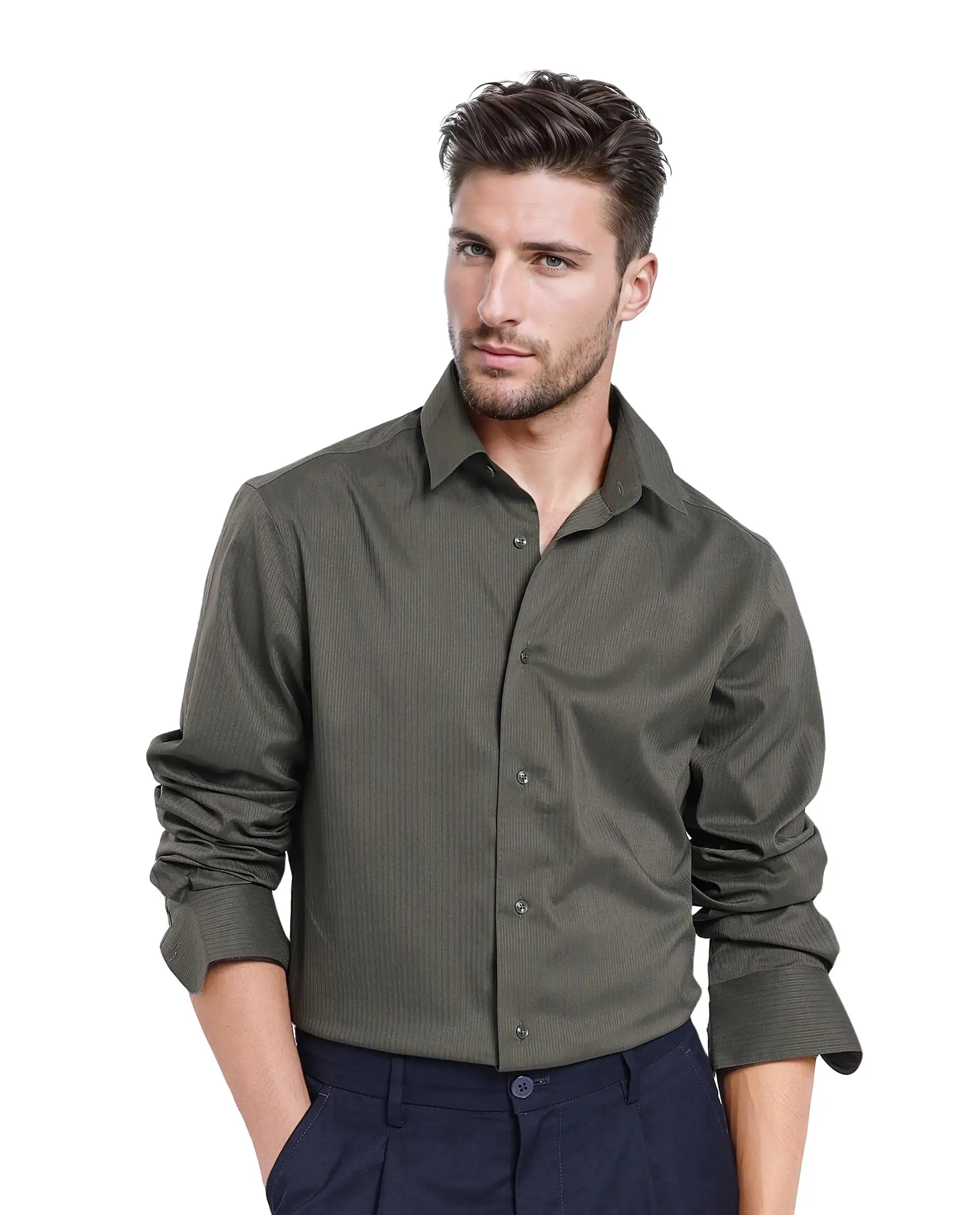 Rare Rabbit Men Lews Dark Olive Knitted Jacquard Fabric Full Sleeve Regular Fit Shirt