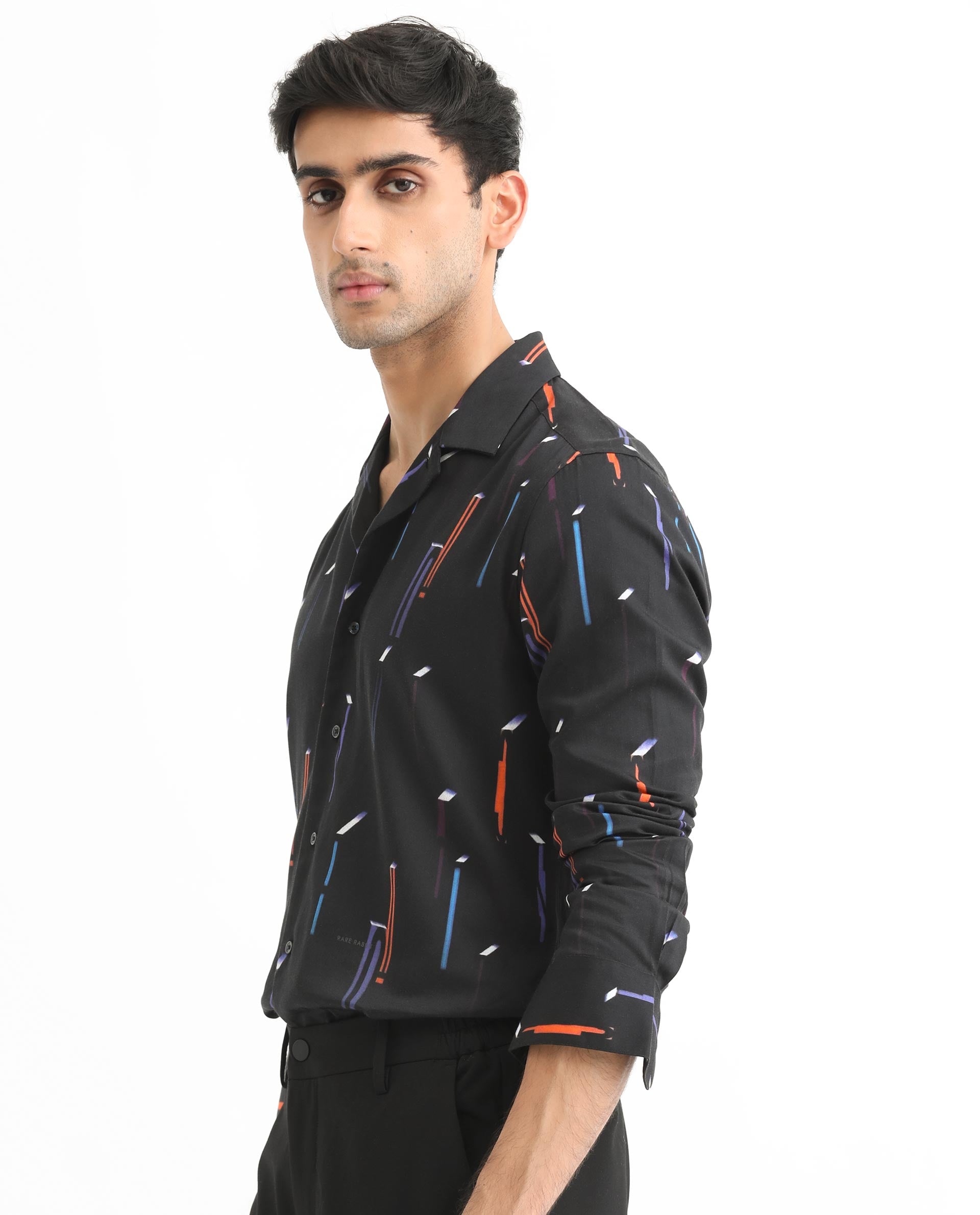 Rare Rabbit Men's Lexa Black Shirt Cotton Modal Fabric Cuban Collar Abstract Print Full Sleeves Shirt