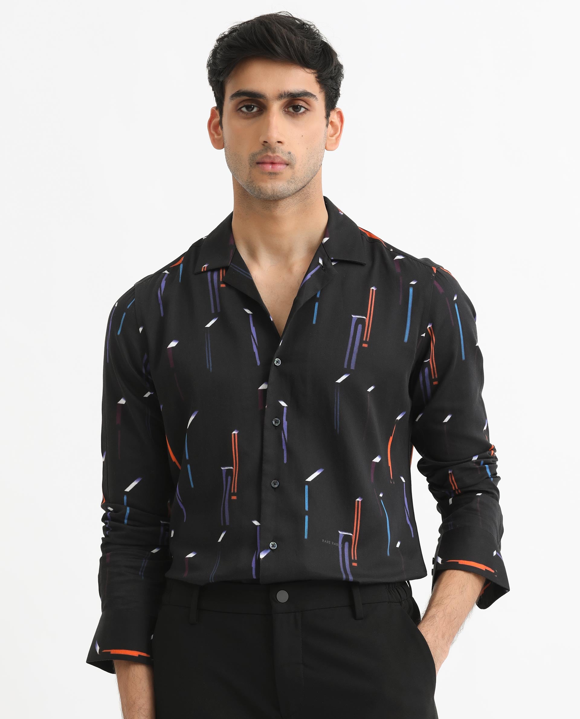 Rare Rabbit Men's Lexa Black Shirt Cotton Modal Fabric Cuban Collar Abstract Print Full Sleeves Shirt