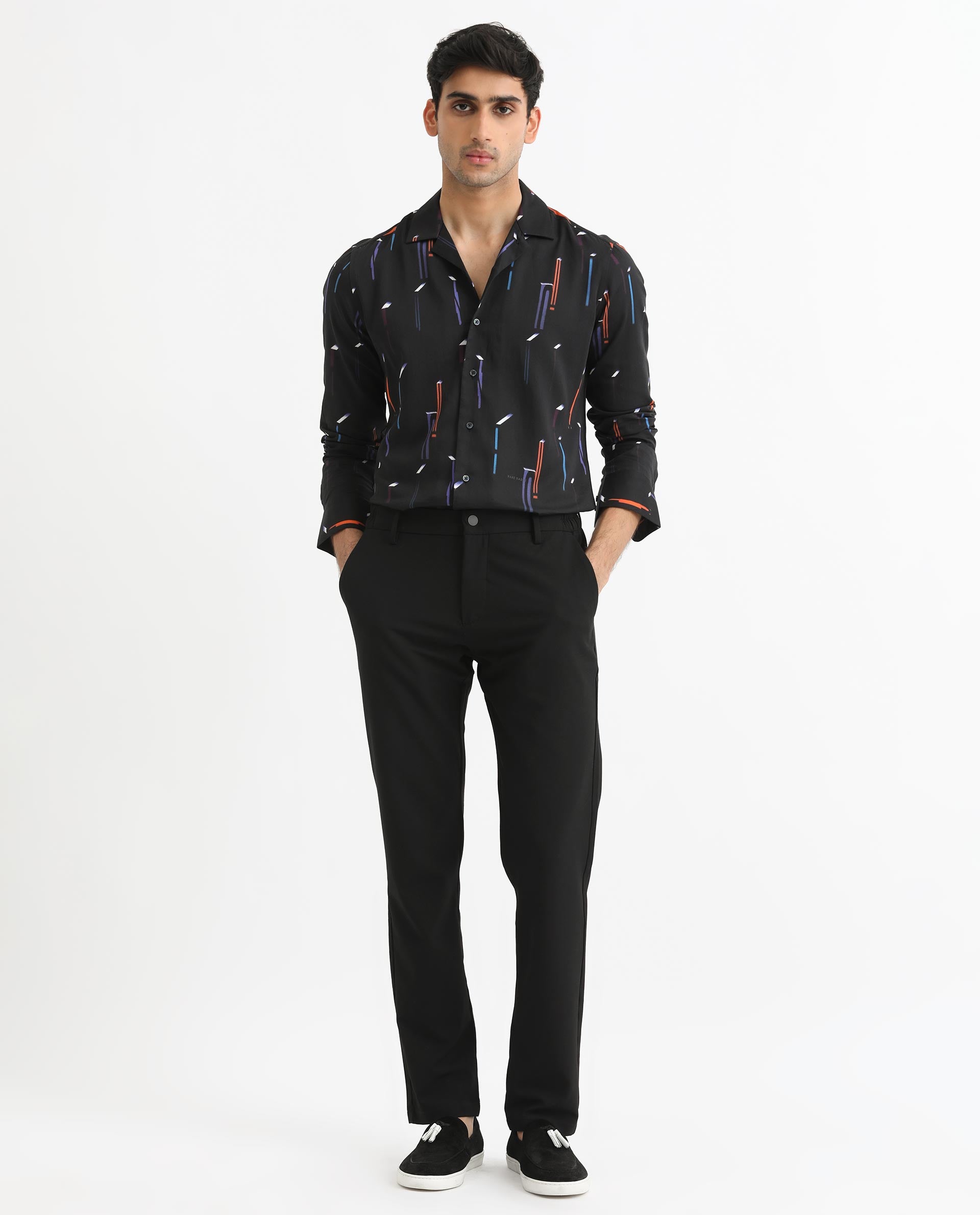 Rare Rabbit Men's Lexa Black Shirt Cotton Modal Fabric Cuban Collar Abstract Print Full Sleeves Shirt