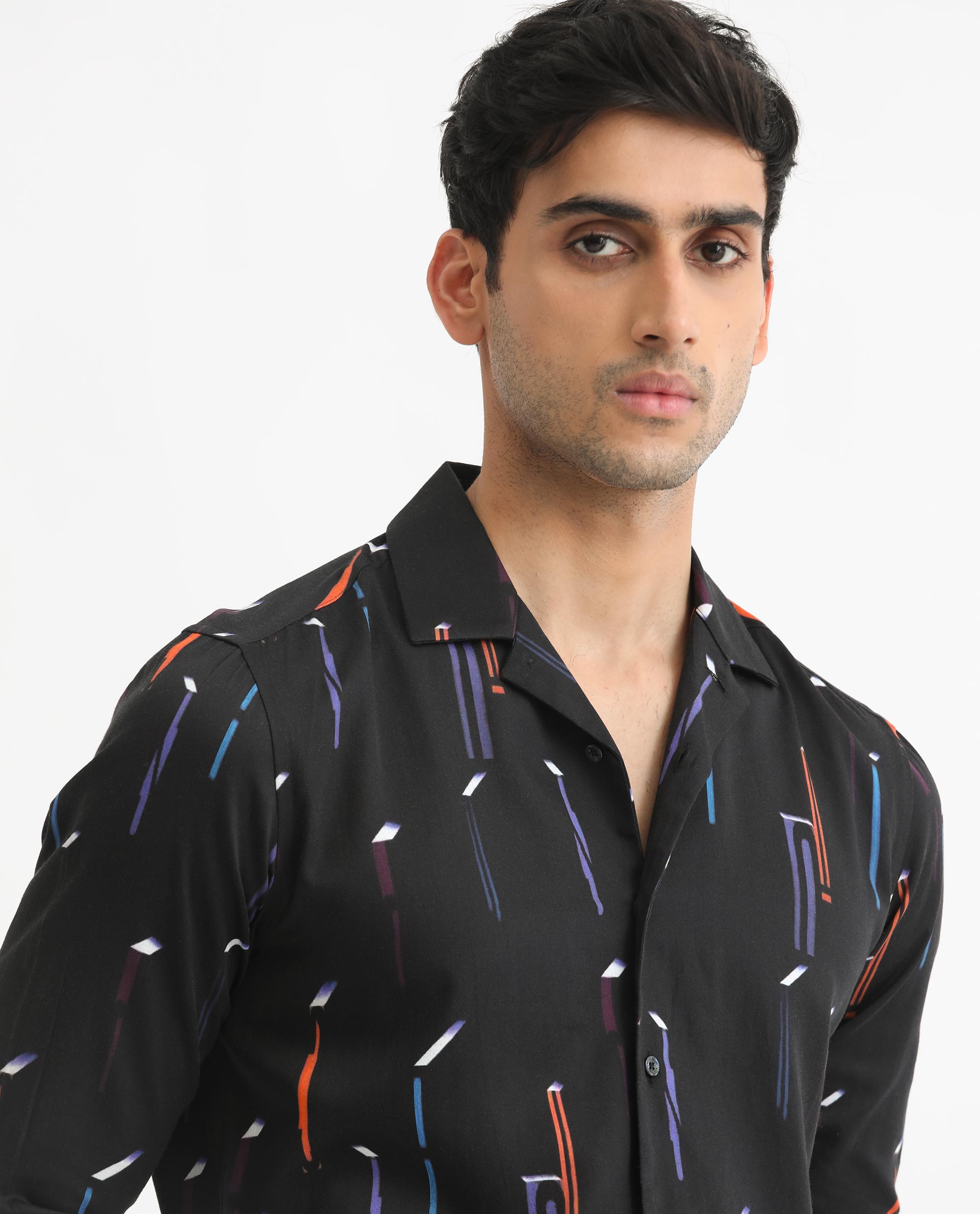 Rare Rabbit Men's Lexa Black Shirt Cotton Modal Fabric Cuban Collar Abstract Print Full Sleeves Shirt
