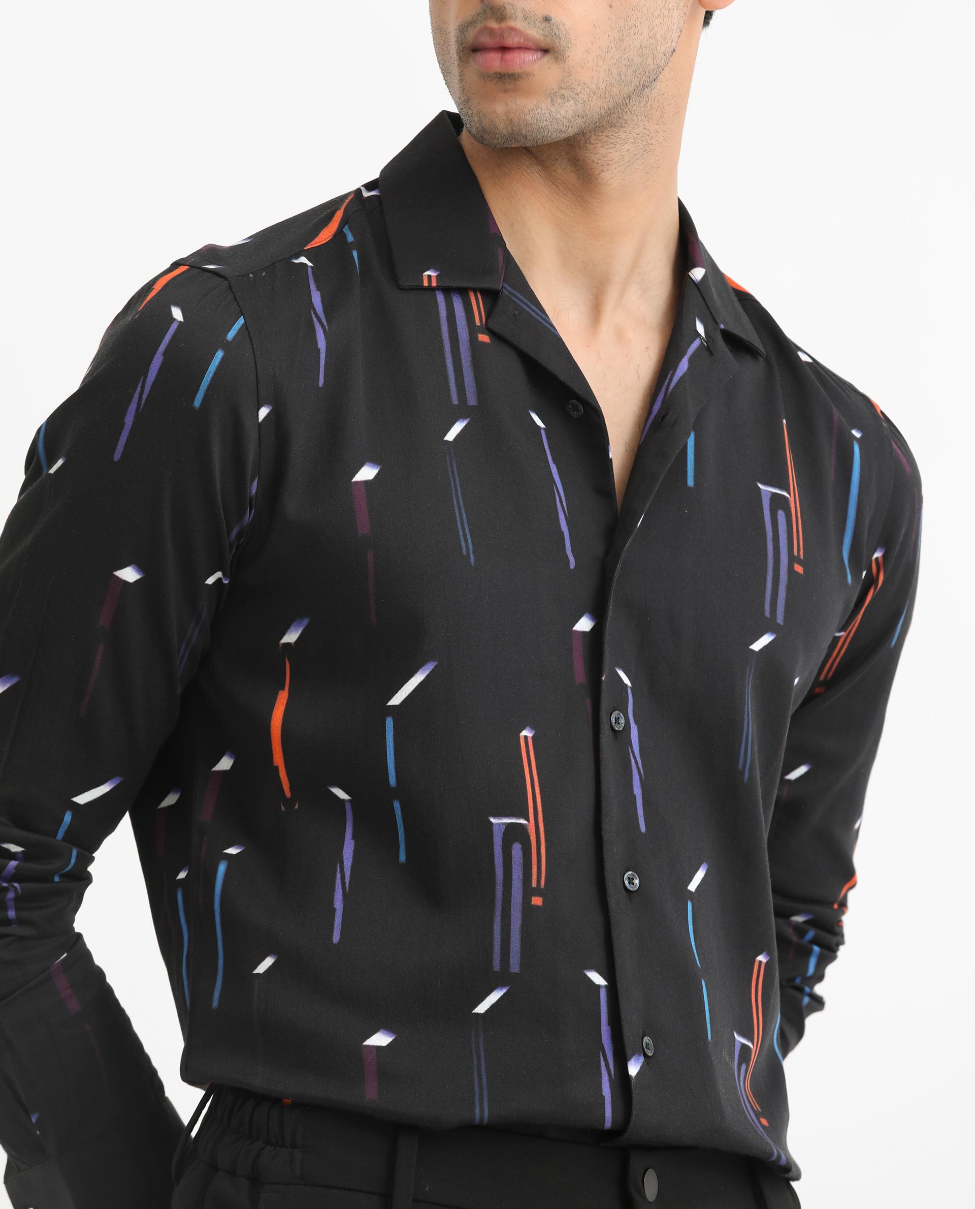 Rare Rabbit Men's Lexa Black Shirt Cotton Modal Fabric Cuban Collar Abstract Print Full Sleeves Shirt