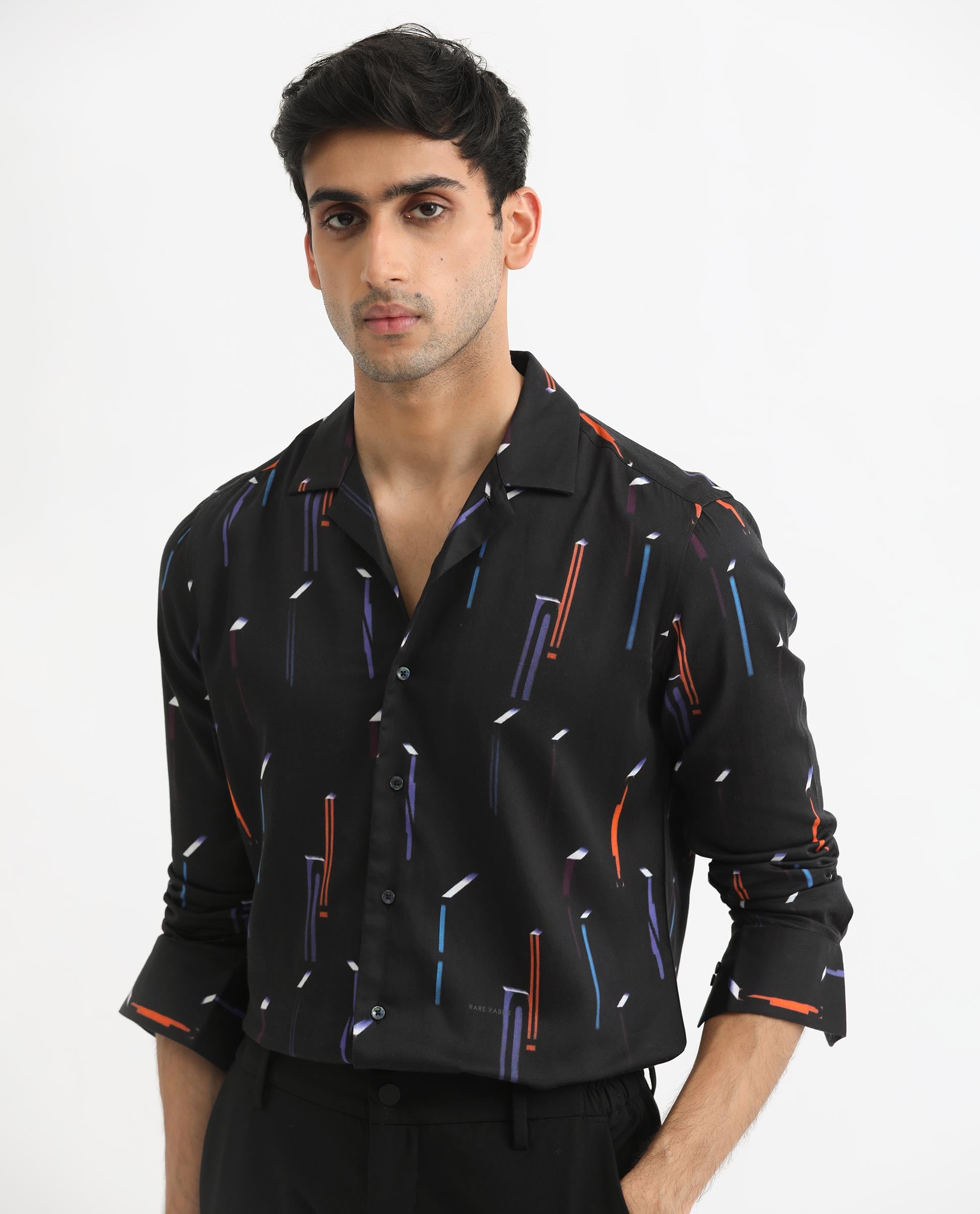 Rare Rabbit Men's Lexa Black Shirt Cotton Modal Fabric Cuban Collar Abstract Print Full Sleeves Shirt