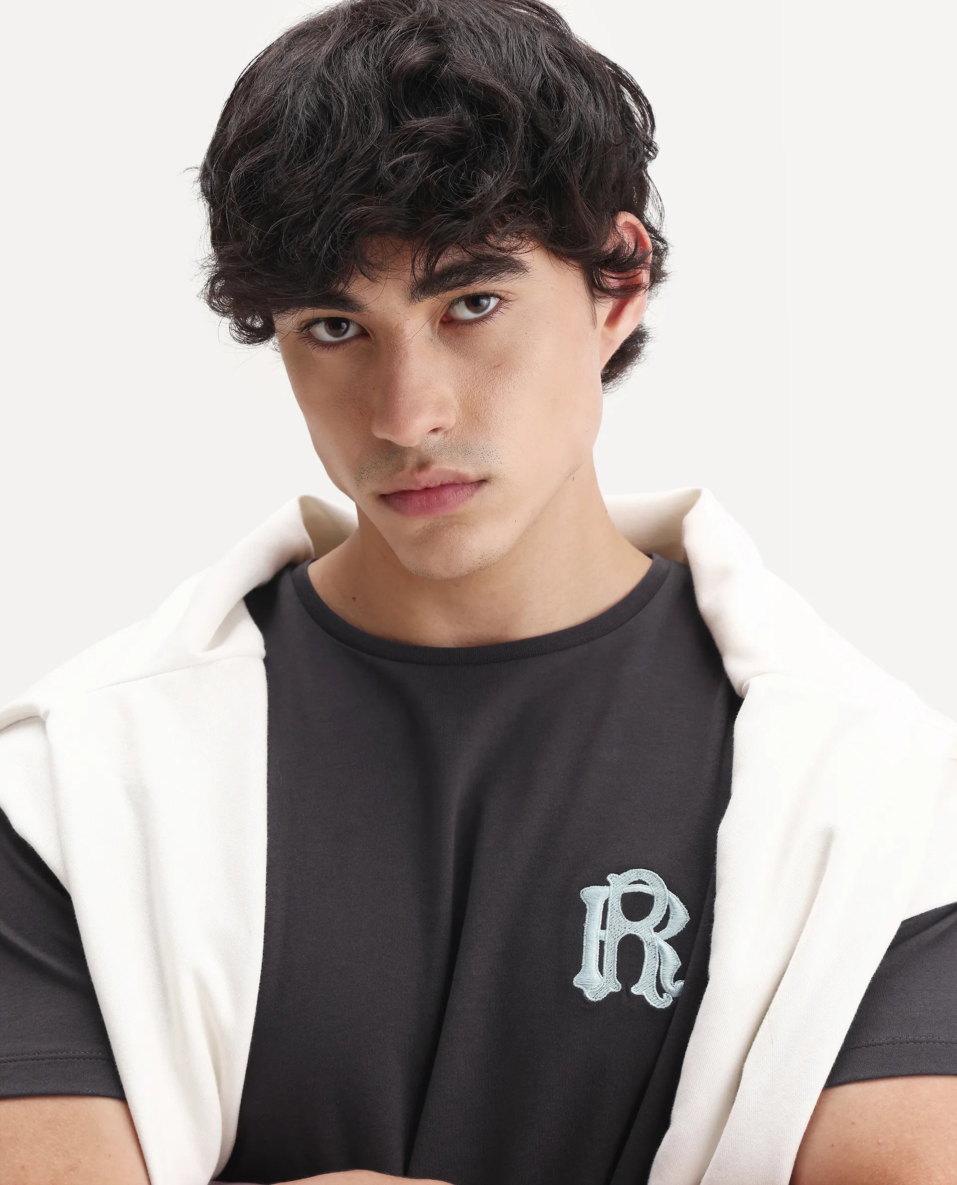 Rare Rabbit Men's Lex Dark Grey Cotton Embroidered Oversized Fit Half Sleeve Crew Neck T-Shirt