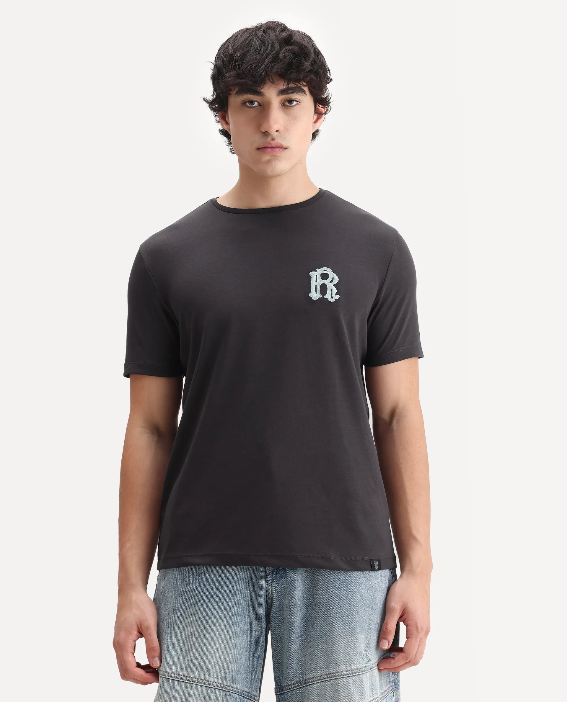 Rare Rabbit Men's Lex Dark Grey Cotton Embroidered Oversized Fit Half Sleeve Crew Neck T-Shirt
