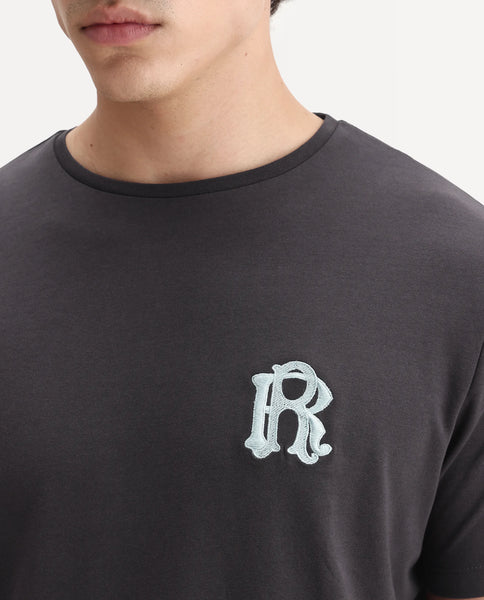 Rare Rabbit Men's Lex Dark Grey Cotton Embroidered Oversized Fit Half