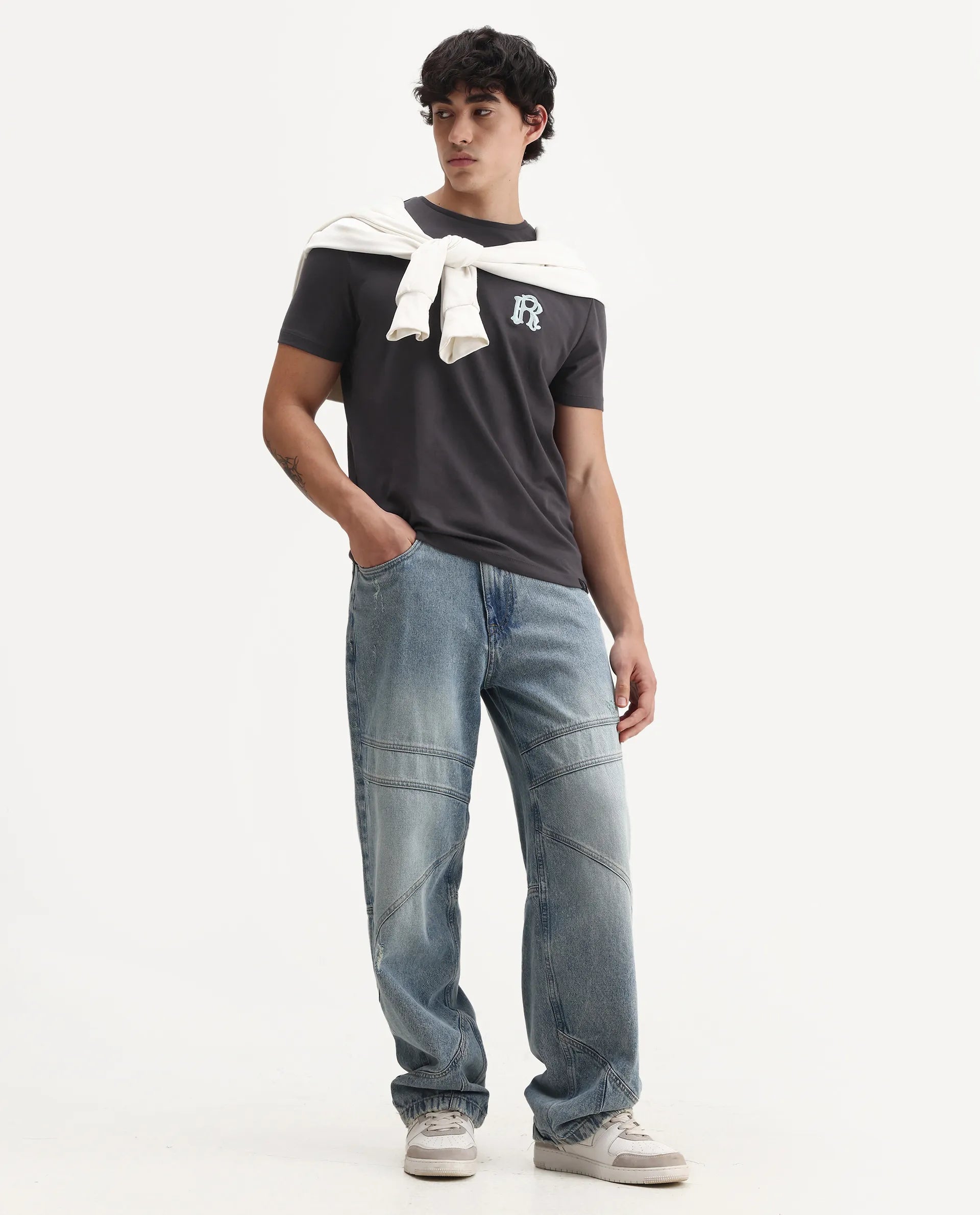 Rare Rabbit Men's Lex Dark Grey Cotton Embroidered Oversized Fit Half Sleeve Crew Neck T-Shirt