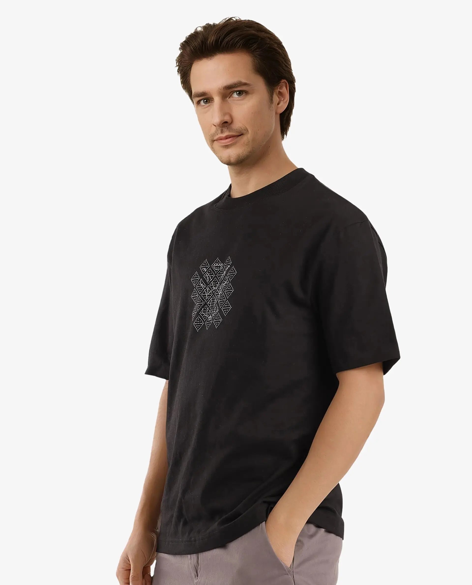 Rare Rabbit Men Lexel Black Cotton Lycra Short Sleeve Crew Neck Oversized Fit Stud Logo T-Shirt