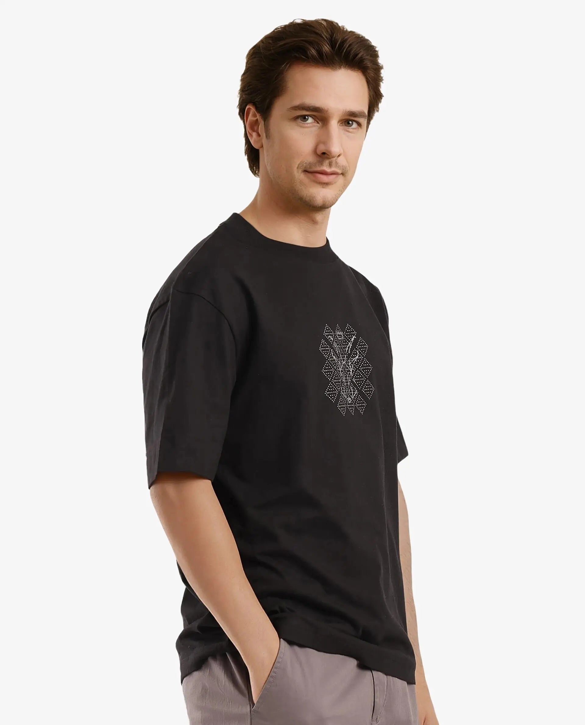 Rare Rabbit Men Lexel Black Cotton Lycra Short Sleeve Crew Neck Oversized Fit Stud Logo T-Shirt