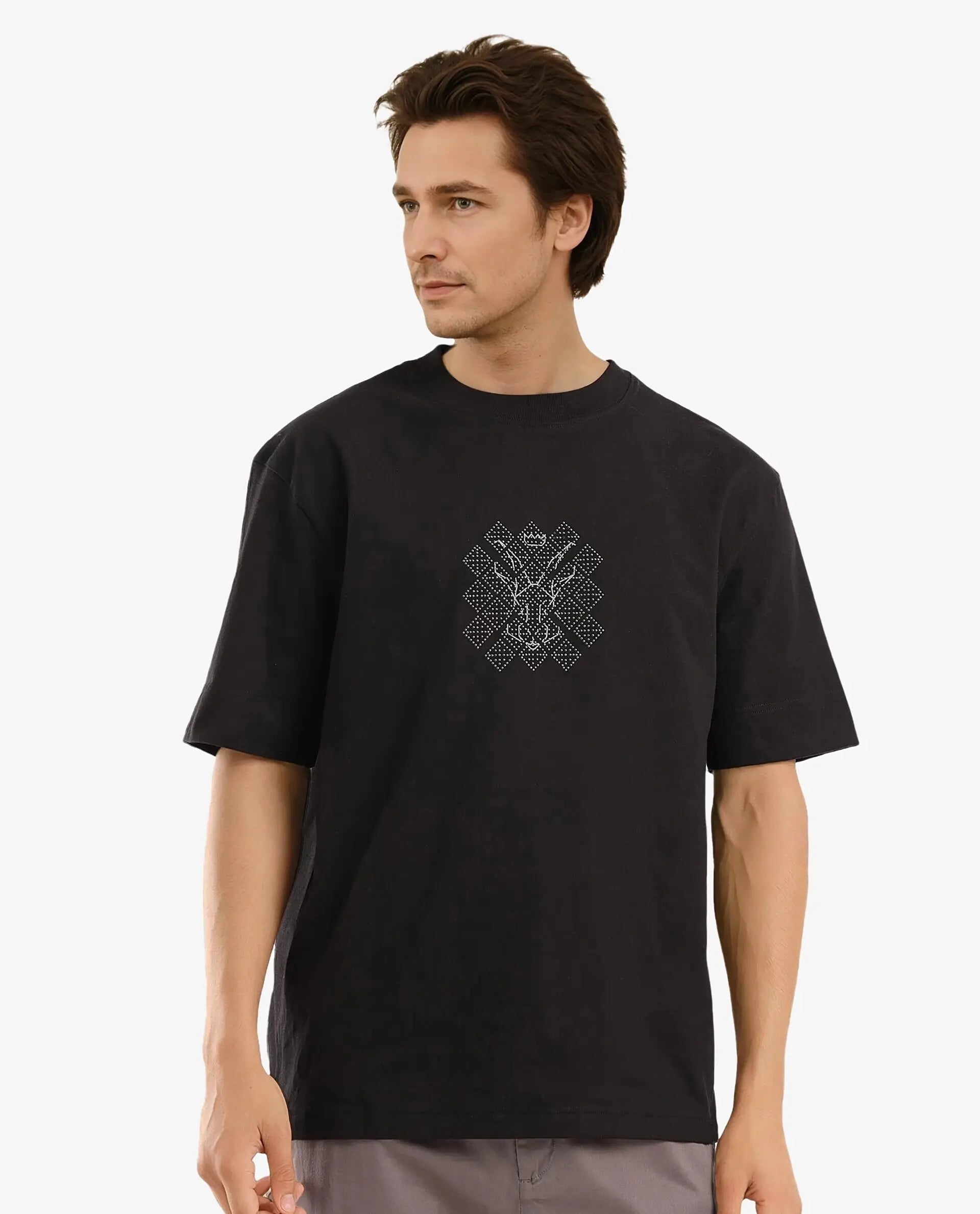 Rare Rabbit Men Lexel Black Cotton Lycra Short Sleeve Crew Neck Oversized Fit Stud Logo T-Shirt