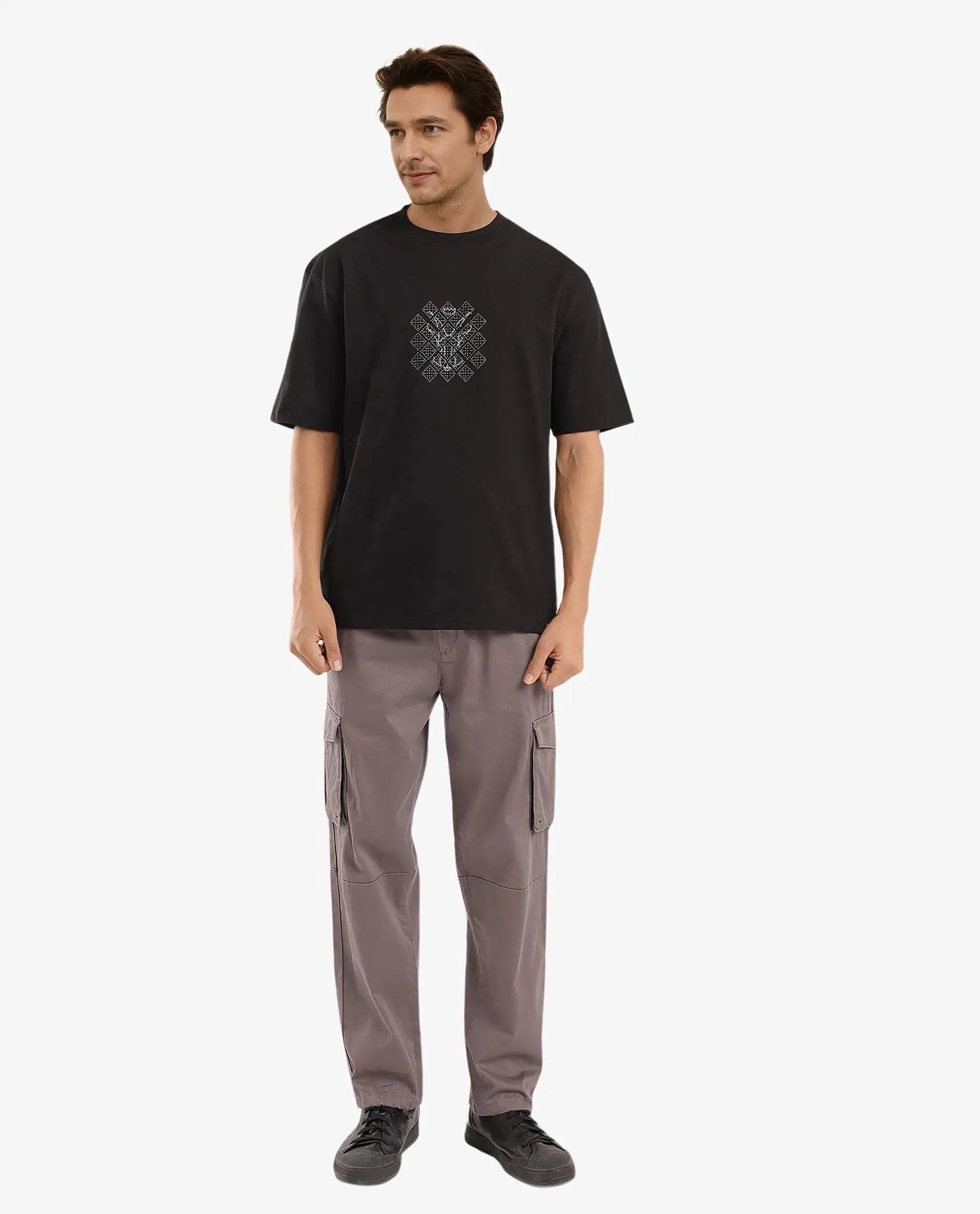 Rare Rabbit Men Lexel Black Cotton Lycra Short Sleeve Crew Neck Oversized Fit Stud Logo T-Shirt