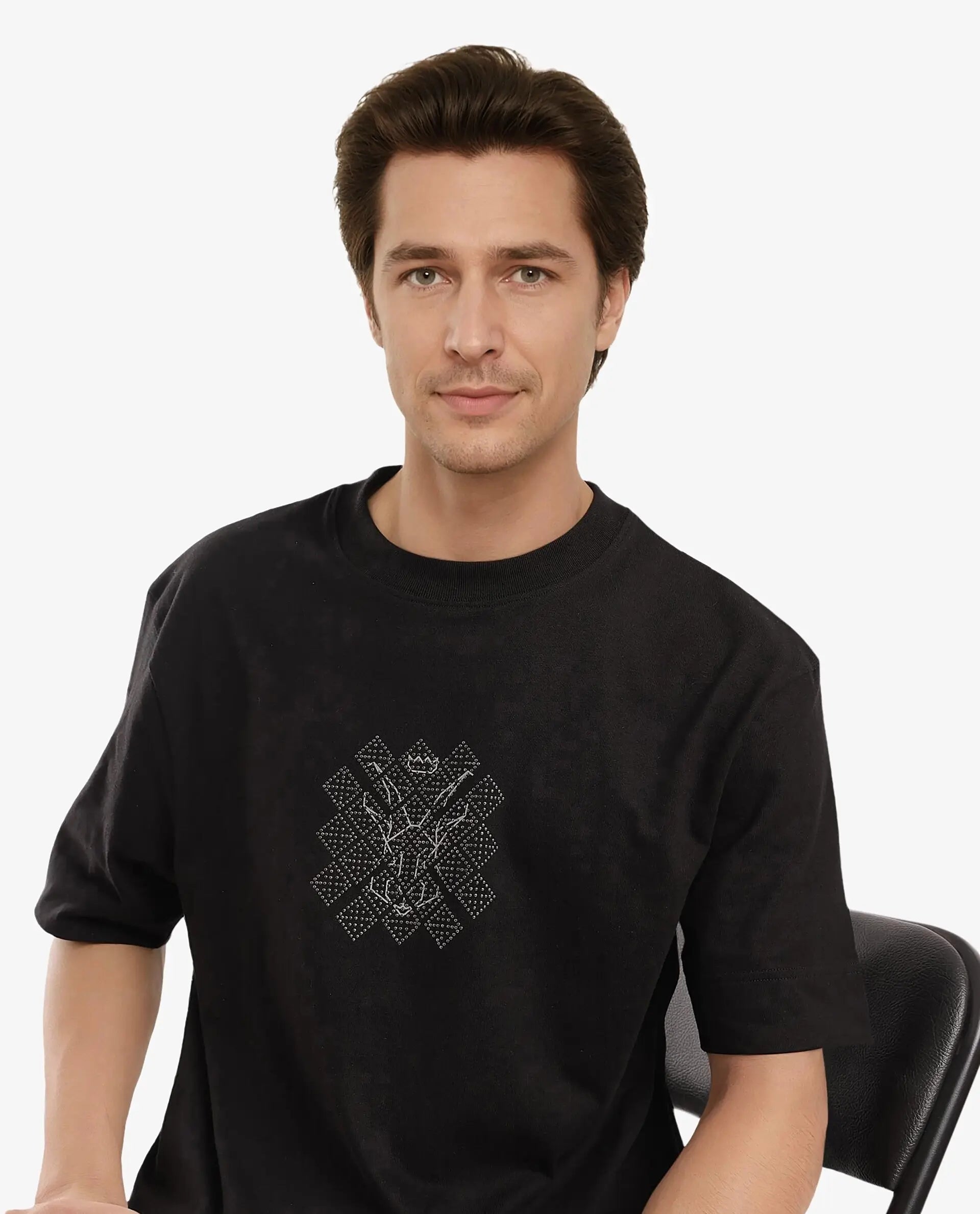Rare Rabbit Men Lexel Black Cotton Lycra Short Sleeve Crew Neck Oversized Fit Stud Logo T-Shirt