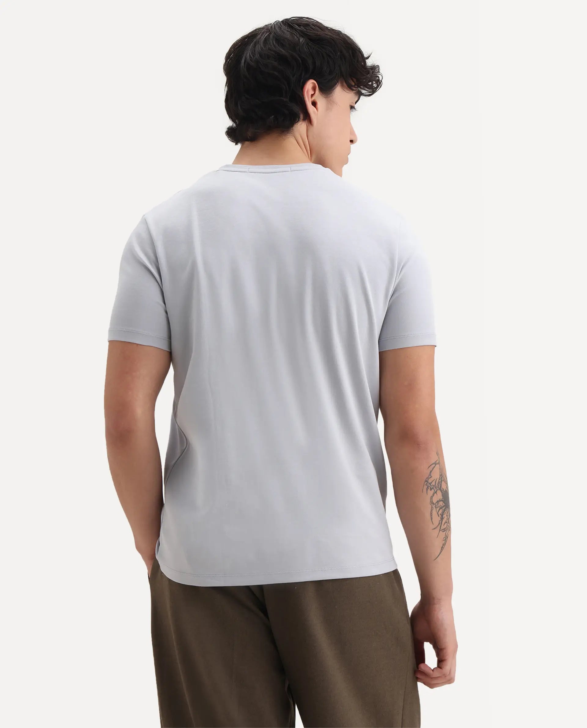 Rare Rabbit Men's Lex Light Grey Cotton Embroidered Oversized Fit Half Sleeve Crew Neck T-Shirt