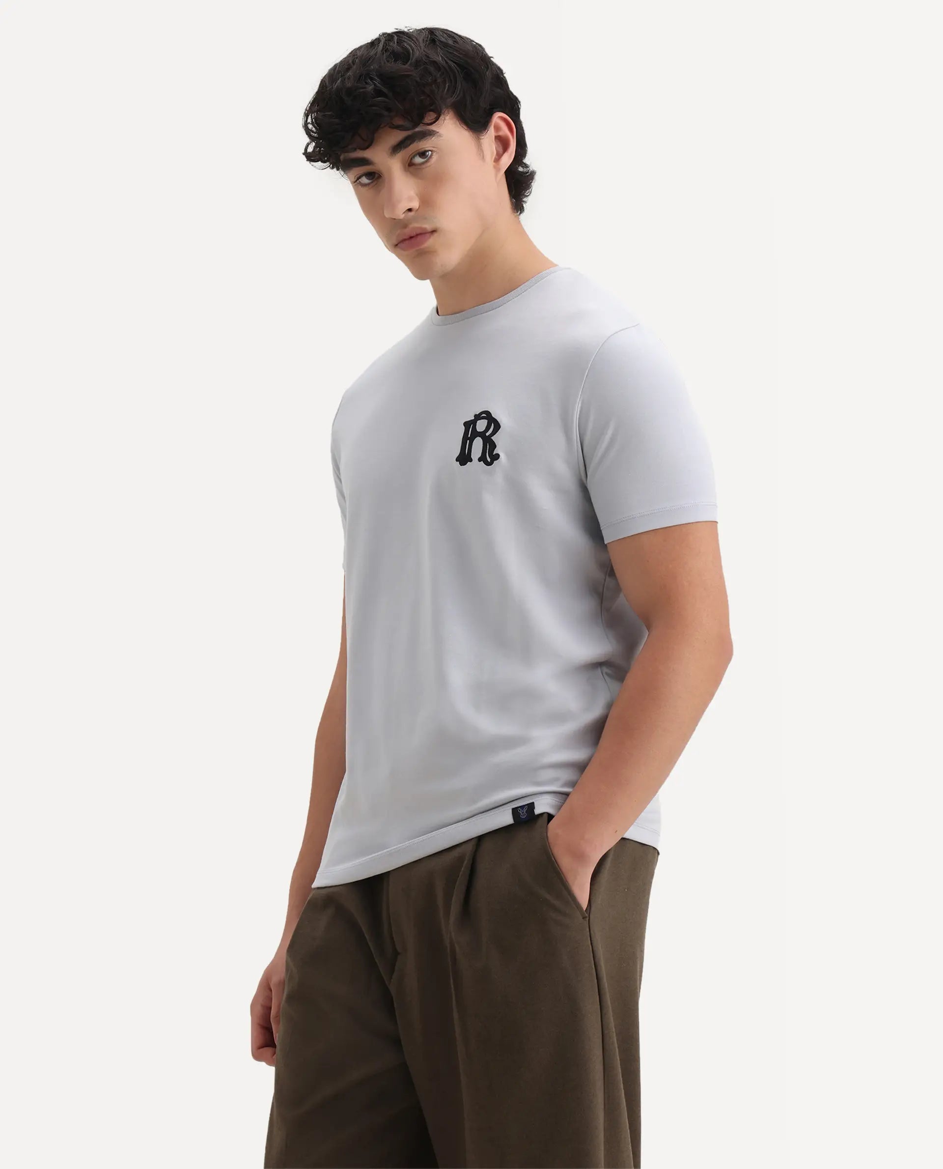 Rare Rabbit Men's Lex Light Grey Cotton Embroidered Oversized Fit Half Sleeve Crew Neck T-Shirt