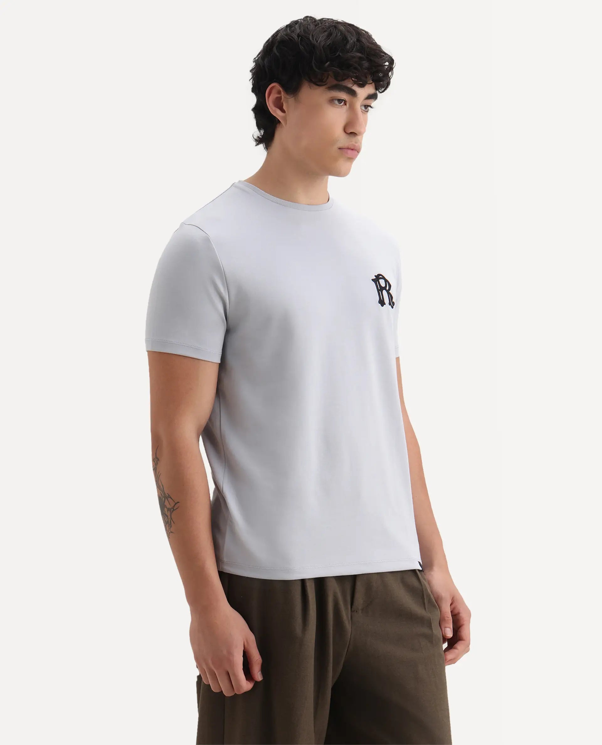 Rare Rabbit Men's Lex Light Grey Cotton Embroidered Oversized Fit Half Sleeve Crew Neck T-Shirt