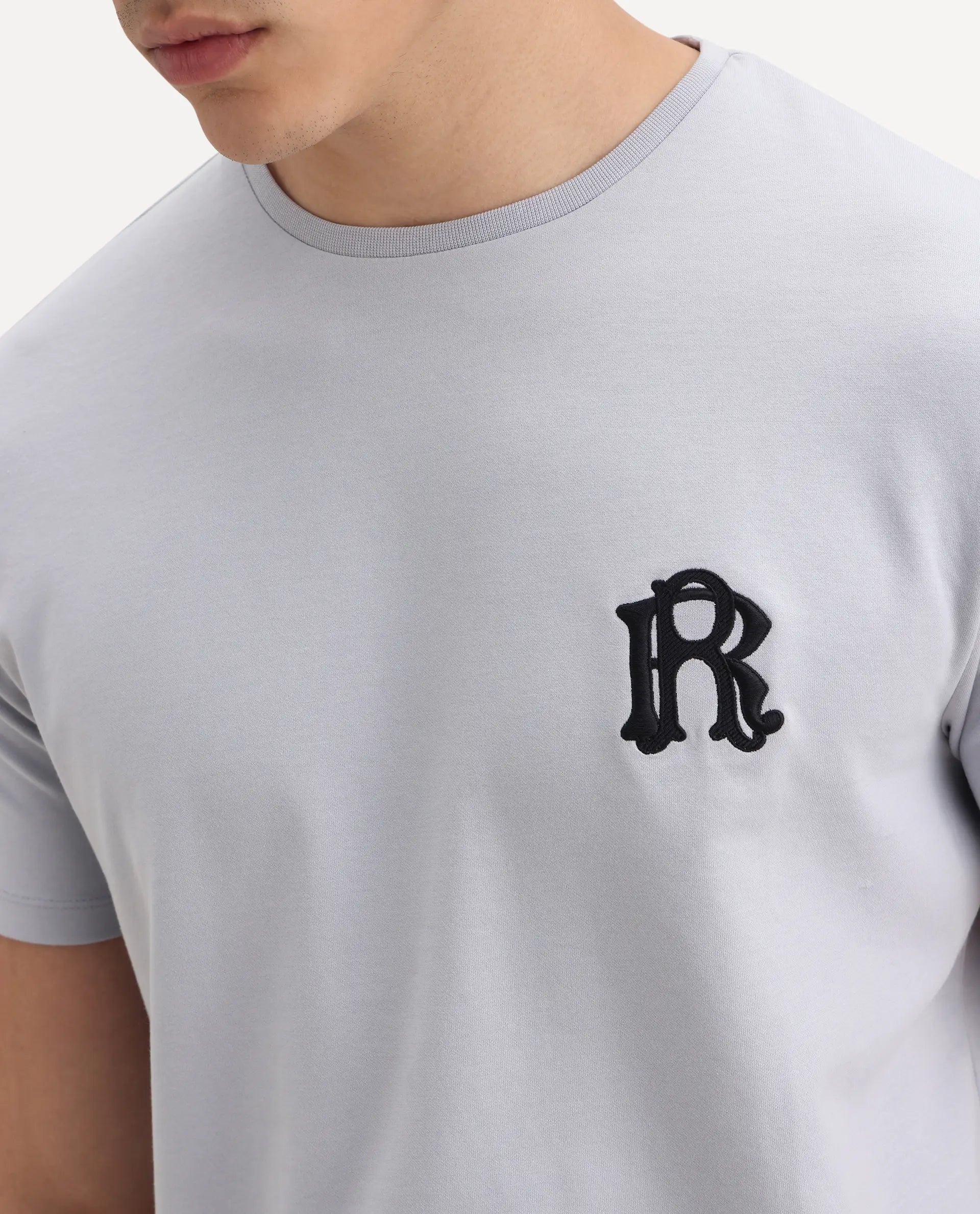 Rare Rabbit Men's Lex Light Grey Cotton Embroidered Oversized Fit Half Sleeve Crew Neck T-Shirt