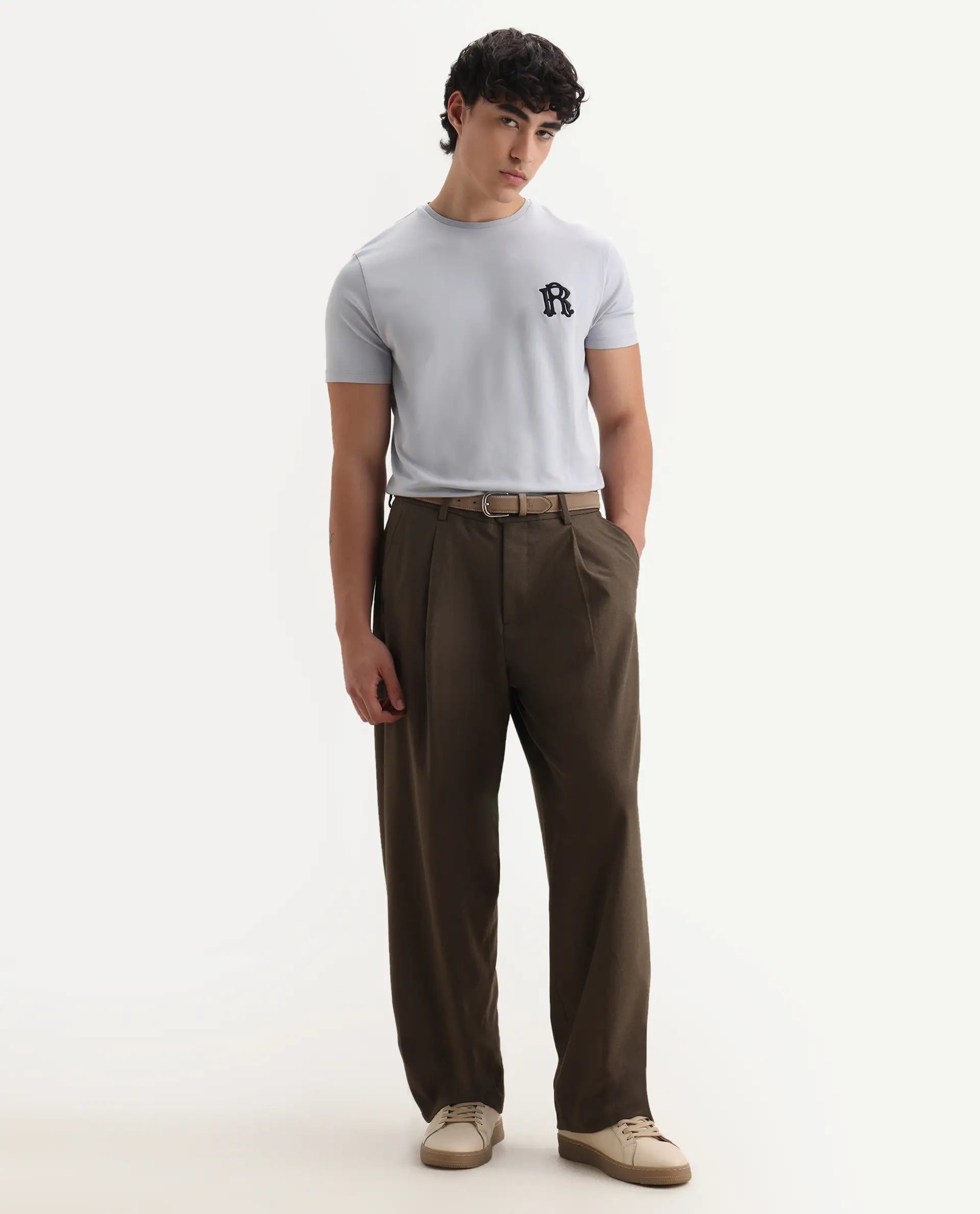 Rare Rabbit Men's Lex Light Grey Cotton Embroidered Oversized Fit Half Sleeve Crew Neck T-Shirt