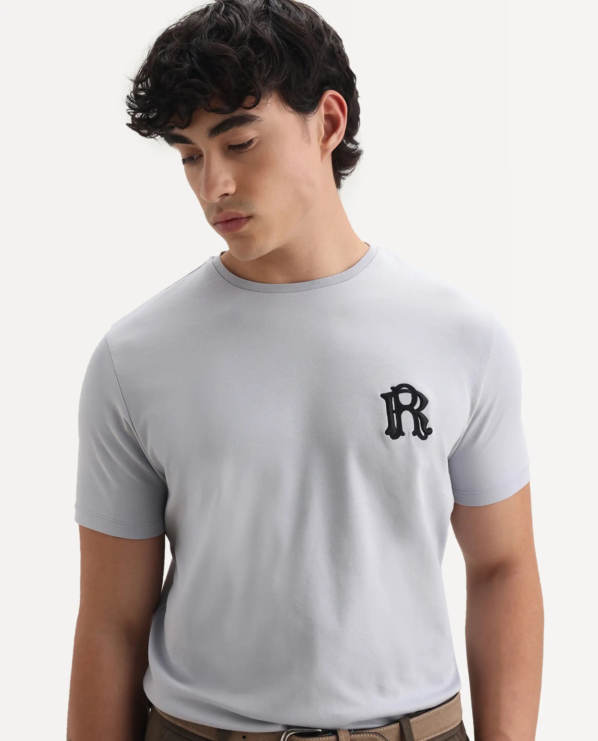 Rare Rabbit Men's Lex Light Grey Cotton Embroidered Oversized Fit Half Sleeve Crew Neck T-Shirt