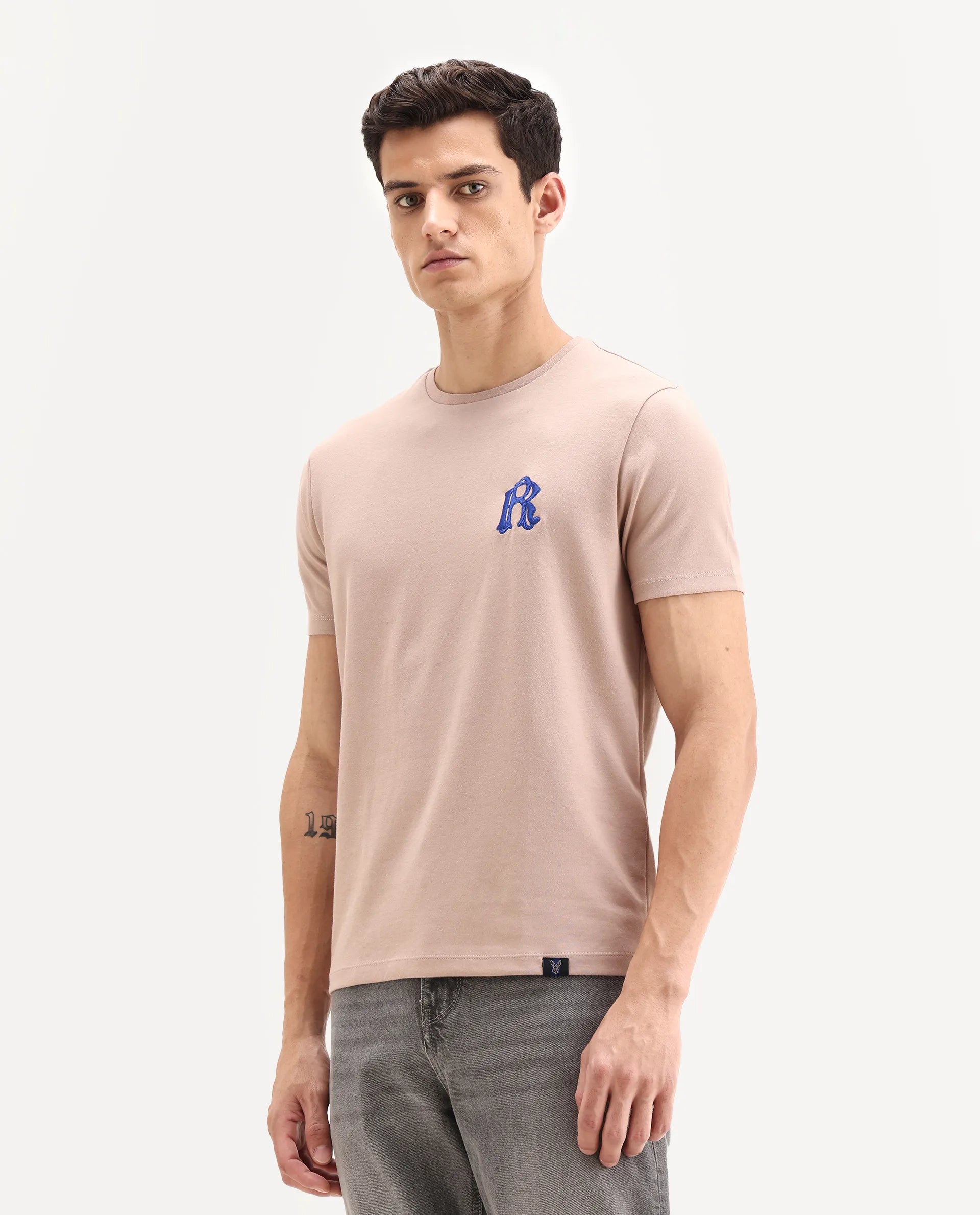 Rare Rabbit Men's Lex Pastel Pink Cotton Blend Embroidered Oversized Fit Half Sleeve Crew Neck T-Shirt