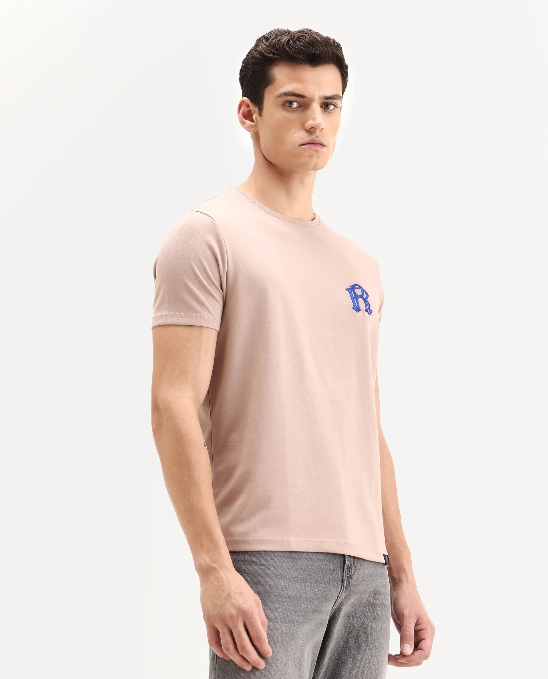 Rare Rabbit Men's Lex Pastel Pink Cotton Blend Embroidered Oversized Fit Half Sleeve Crew Neck T-Shirt
