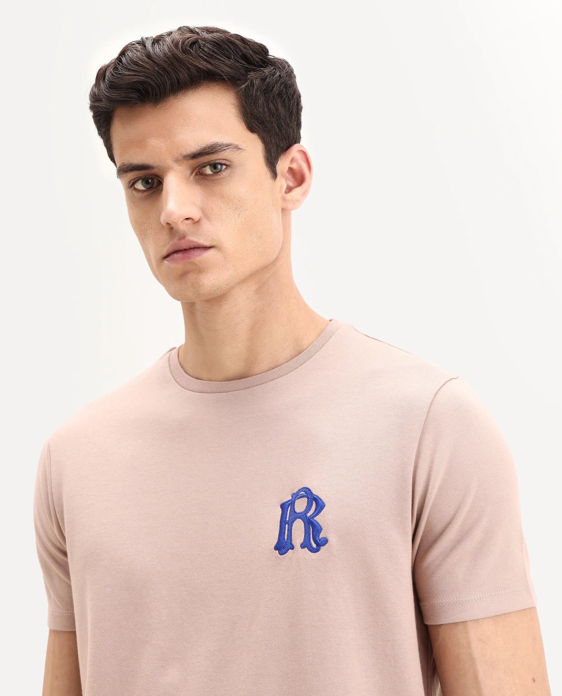 Rare Rabbit Men's Lex Pastel Pink Cotton Blend Embroidered Oversized Fit Half Sleeve Crew Neck T-Shirt