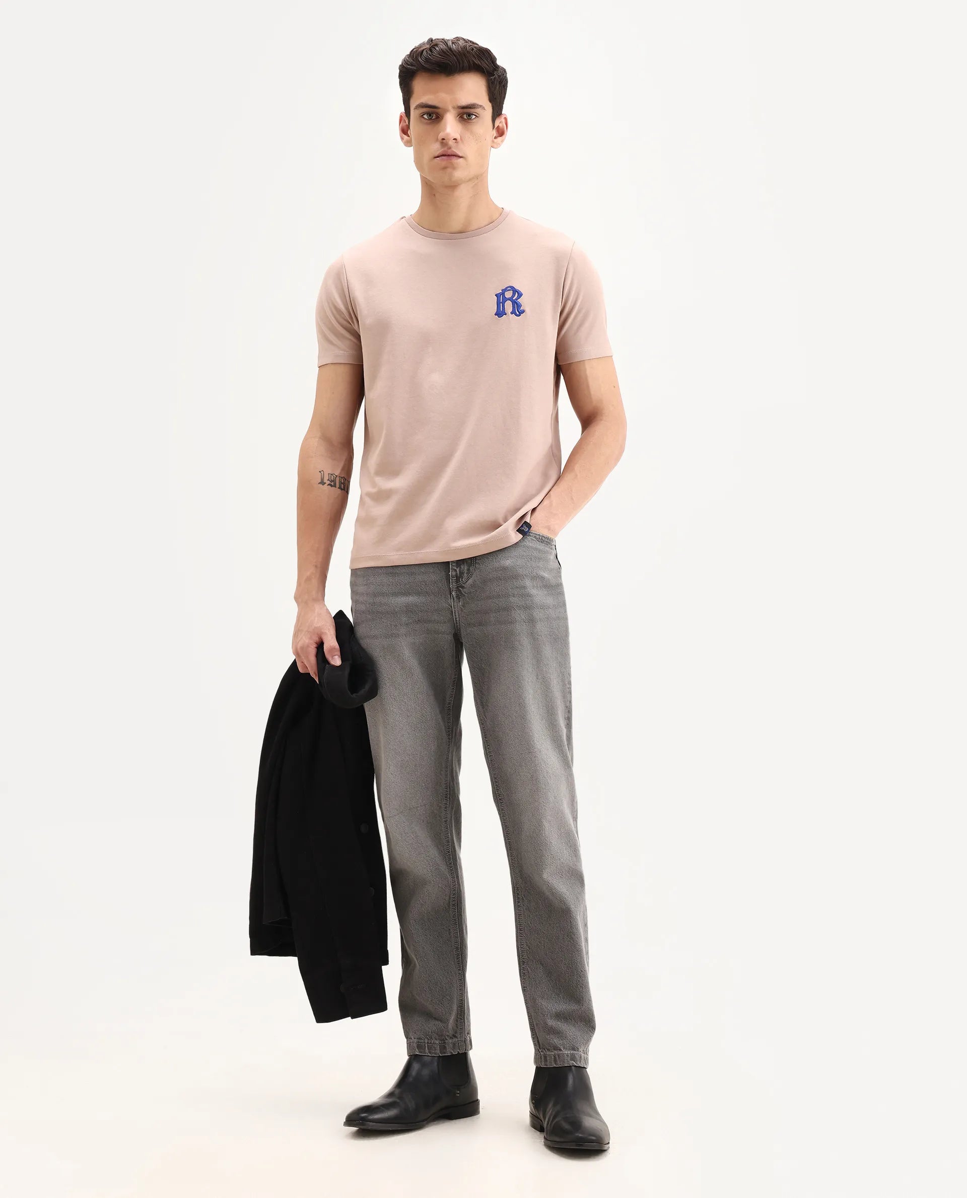 Rare Rabbit Men's Lex Pastel Pink Cotton Blend Embroidered Oversized Fit Half Sleeve Crew Neck T-Shirt