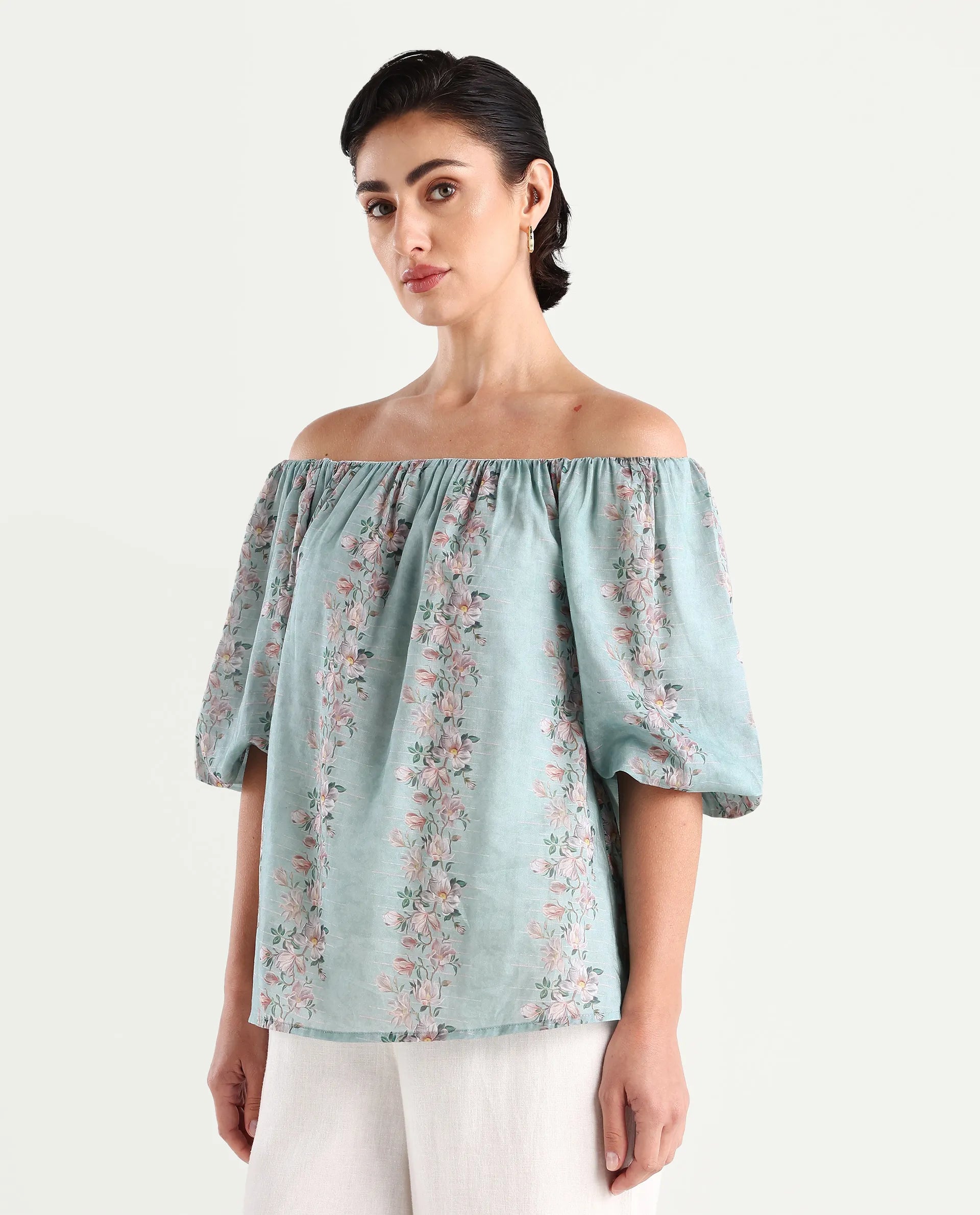 Rareism Women's Leyan Dusky Blue Viscose Blend Square Neck Floral Print Balloon Sleeve Relaxed Fit Top