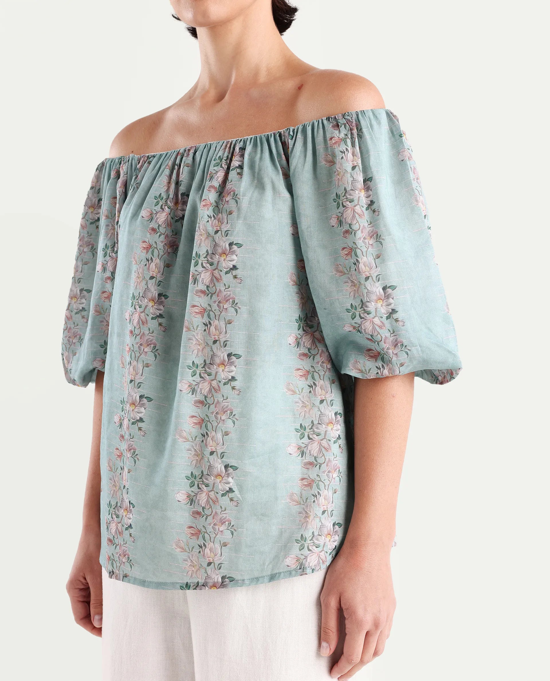 Rareism Women's Leyan Dusky Blue Viscose Blend Square Neck Floral Print Balloon Sleeve Relaxed Fit Top