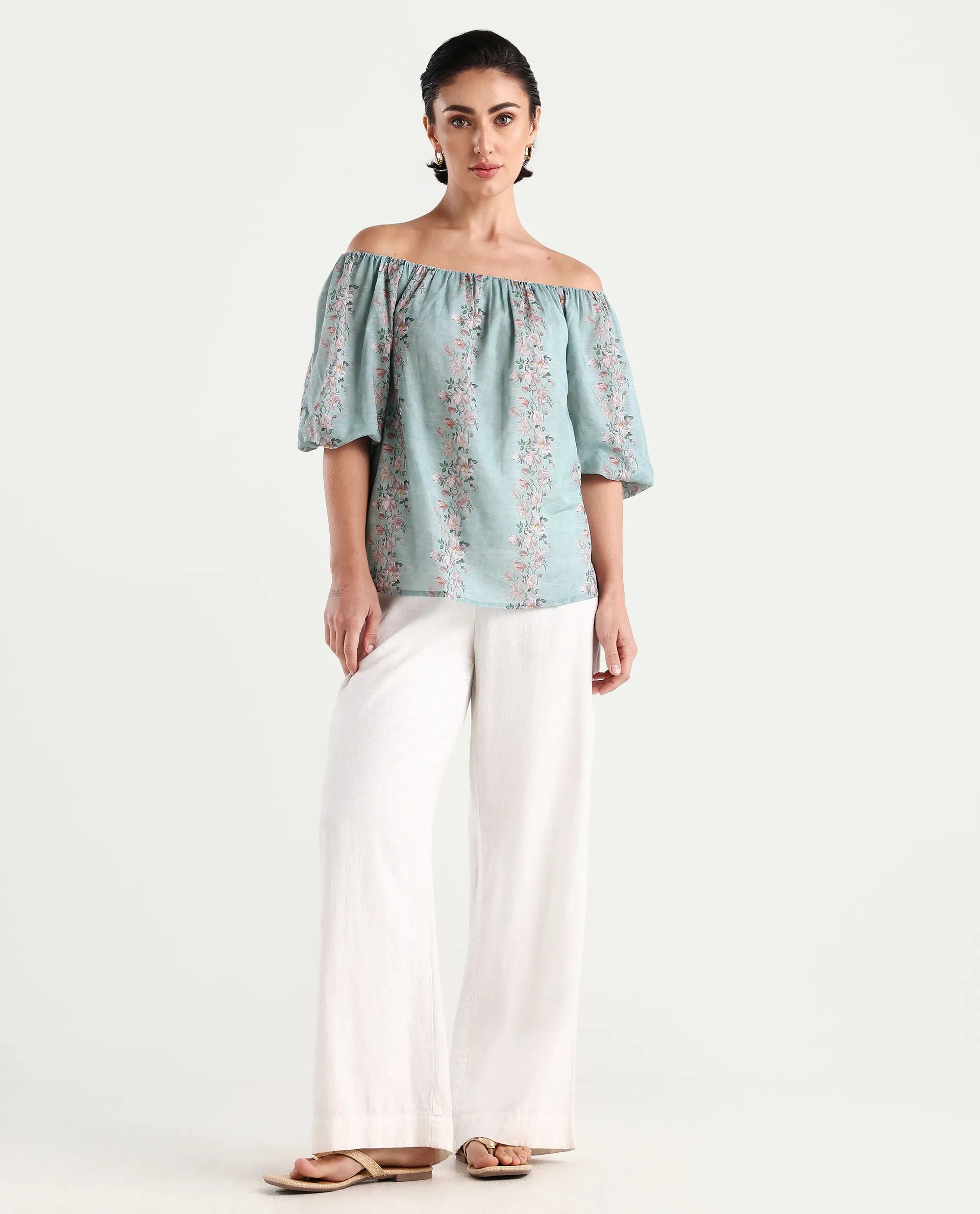 Rareism Women's Leyan Dusky Blue Viscose Blend Square Neck Floral Print Balloon Sleeve Relaxed Fit Top