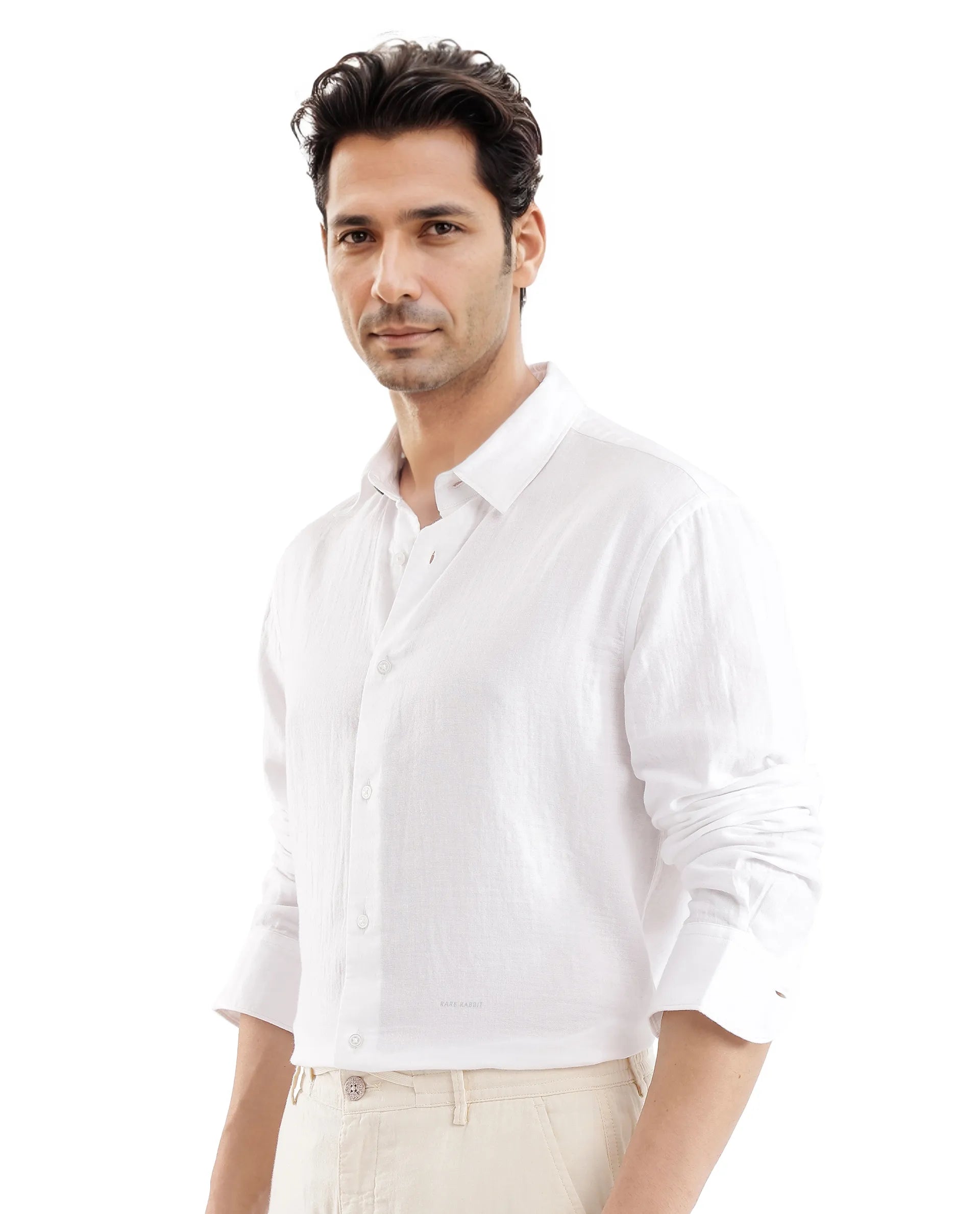 Rare Rabbit Men Layerr Ls-25 White Cotton Fabric Full Sleeve Collared Neck Button Closure Plain Shirt