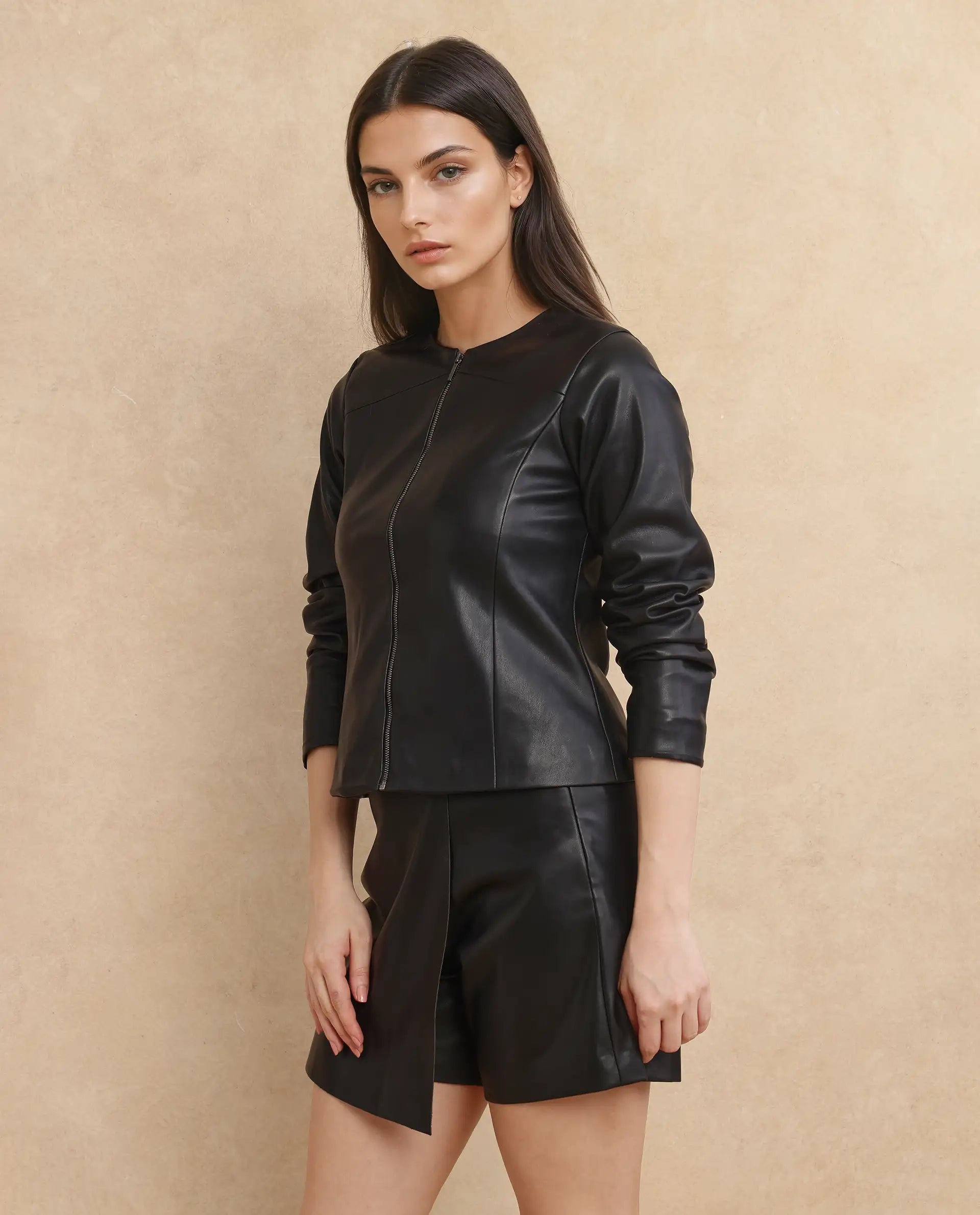 Rareism Women Liam Black Polyester Fabric Short Sleeve Plain Jacket