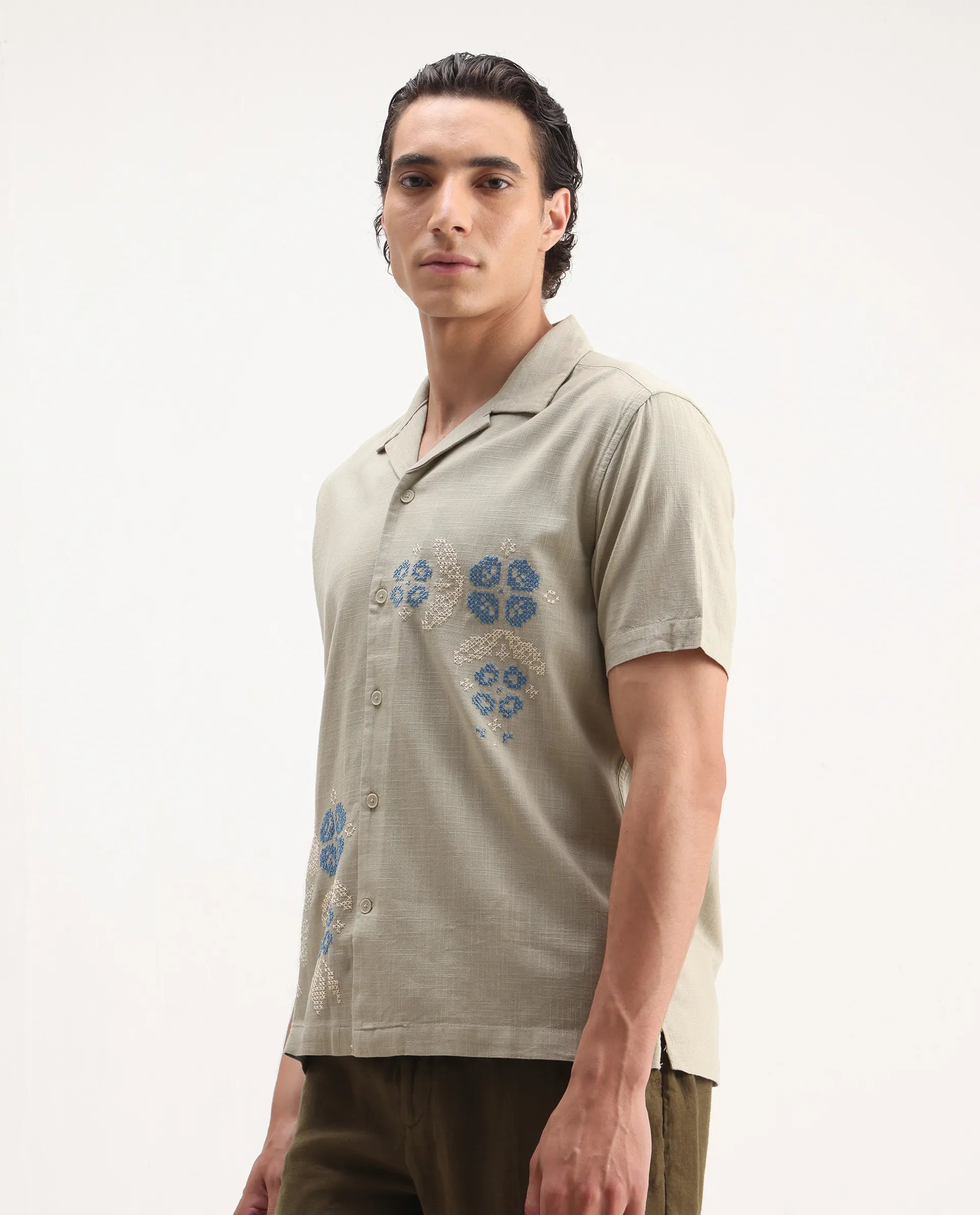 Rare Rabbit Men's Liam Olive Cotton Blend Embroidered Boxy Fit Half Sleeve Cuban Collar Shirt
