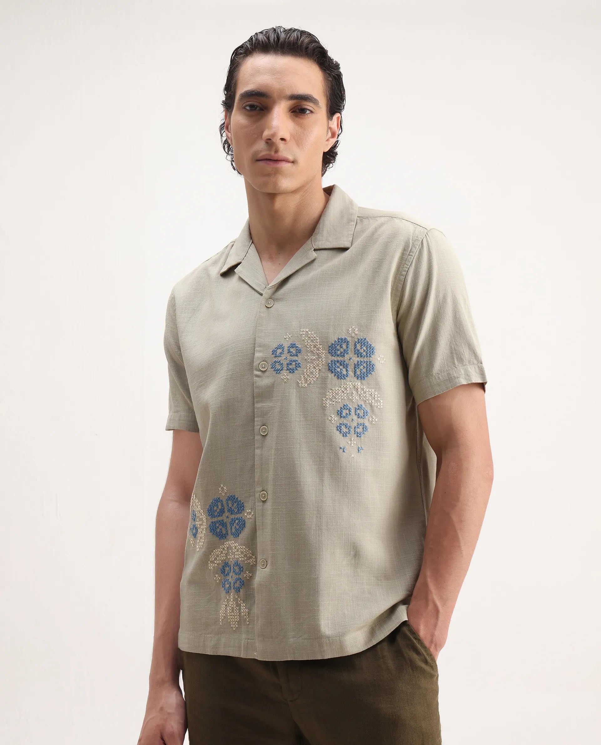 Rare Rabbit Men's Liam Olive Cotton Blend Embroidered Boxy Fit Half Sleeve Cuban Collar Shirt