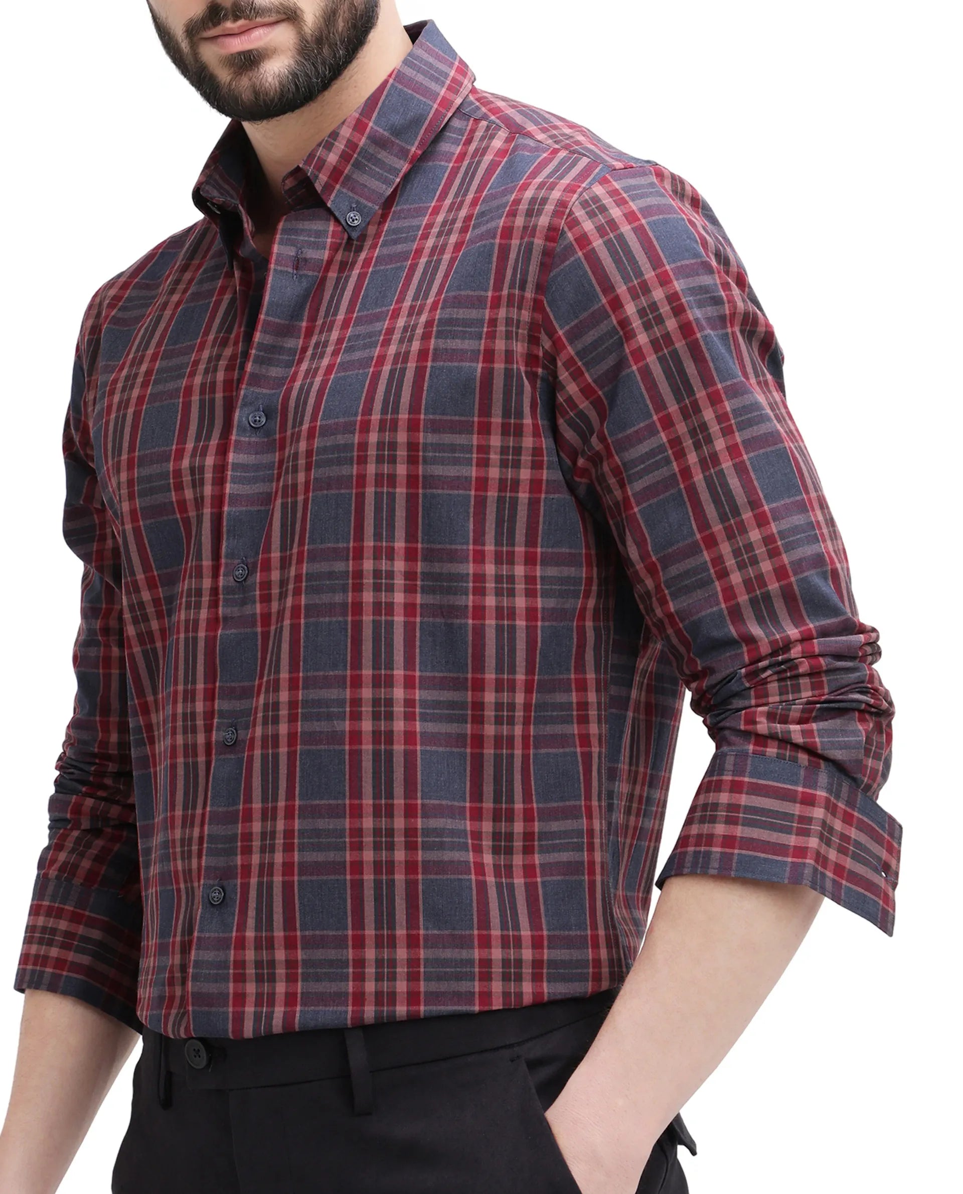 Rare Rabbit Men's Libya Red Cotton Fabric Full Sleeve Regular Collar Checks Shirt