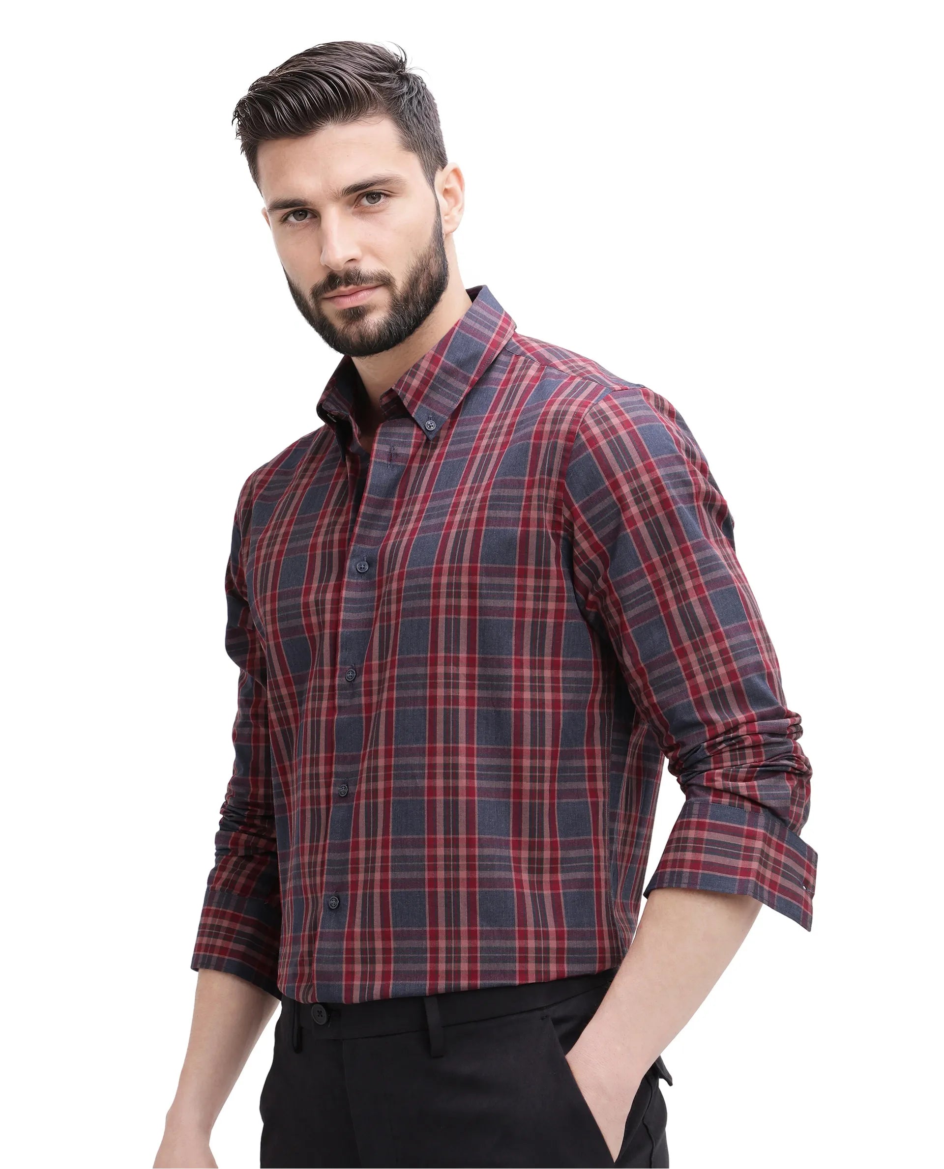 Rare Rabbit Men's Libya Red Cotton Fabric Full Sleeve Regular Collar Checks Shirt