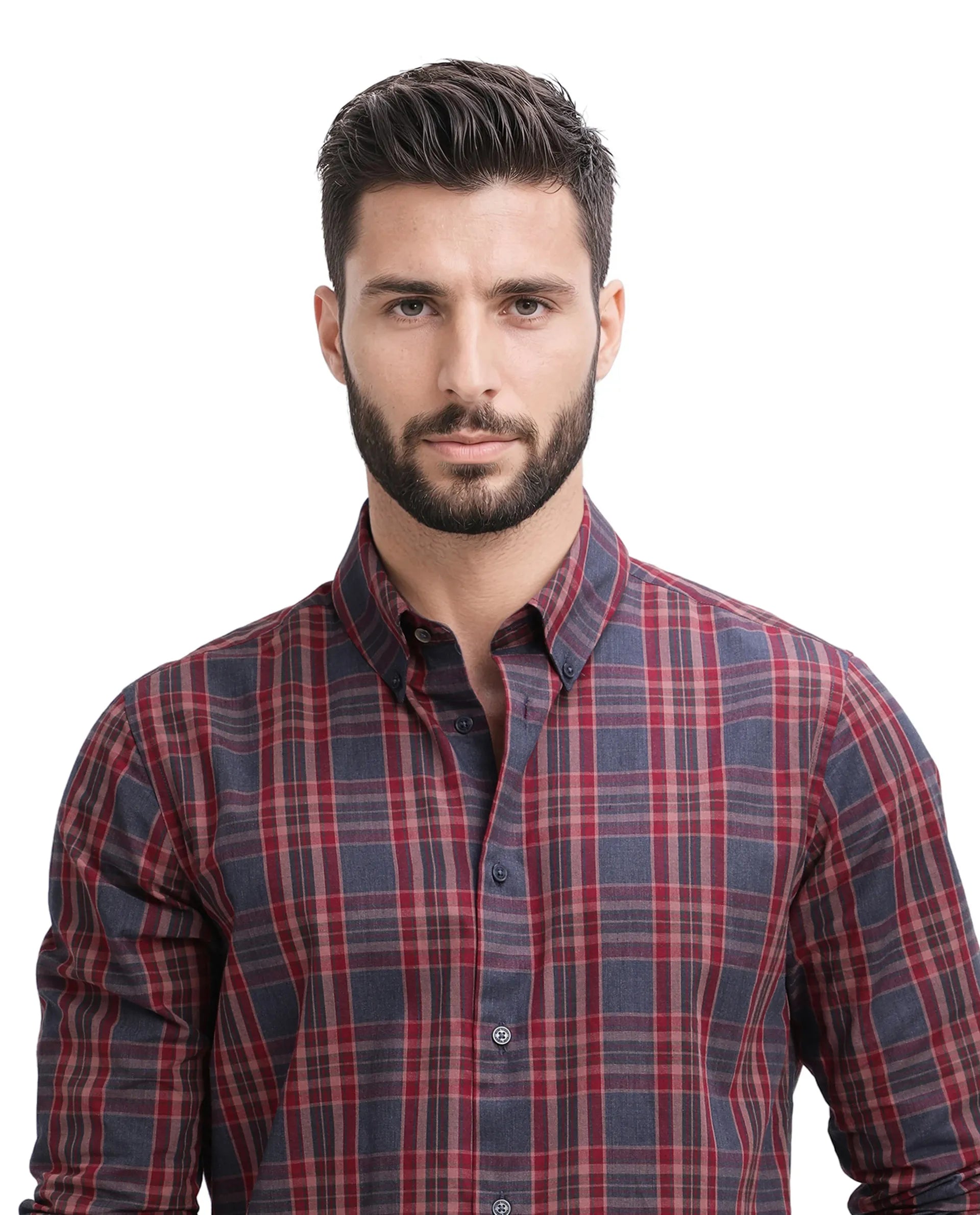 Rare Rabbit Men's Libya Red Cotton Fabric Full Sleeve Regular Collar Checks Shirt