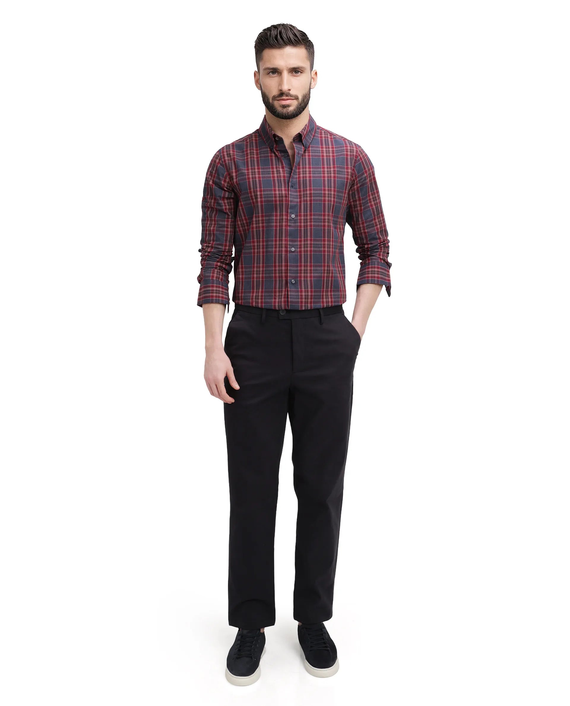 Rare Rabbit Men's Libya Red Cotton Fabric Full Sleeve Regular Collar Checks Shirt