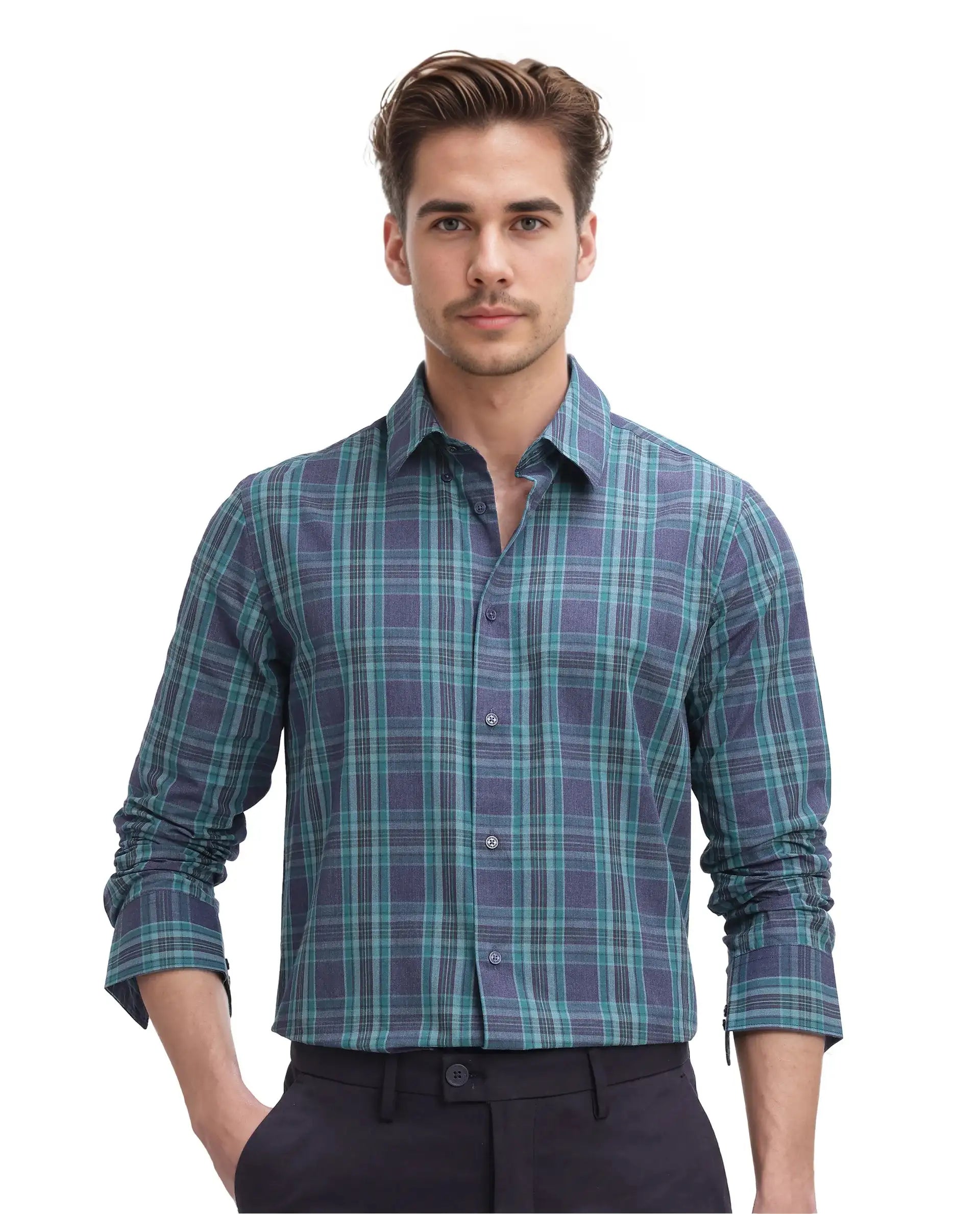 Rare Rabbit Men's Libya Turq Cotton Checked Print Regular Fit Full Sleeve Collared Shirt