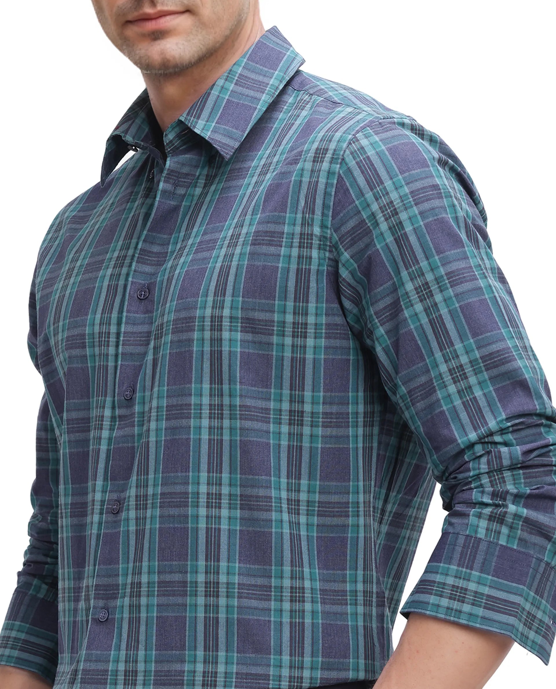 Rare Rabbit Men's Libya Turq Cotton Fabric Full Sleeve Regular Collar Checks Shirt