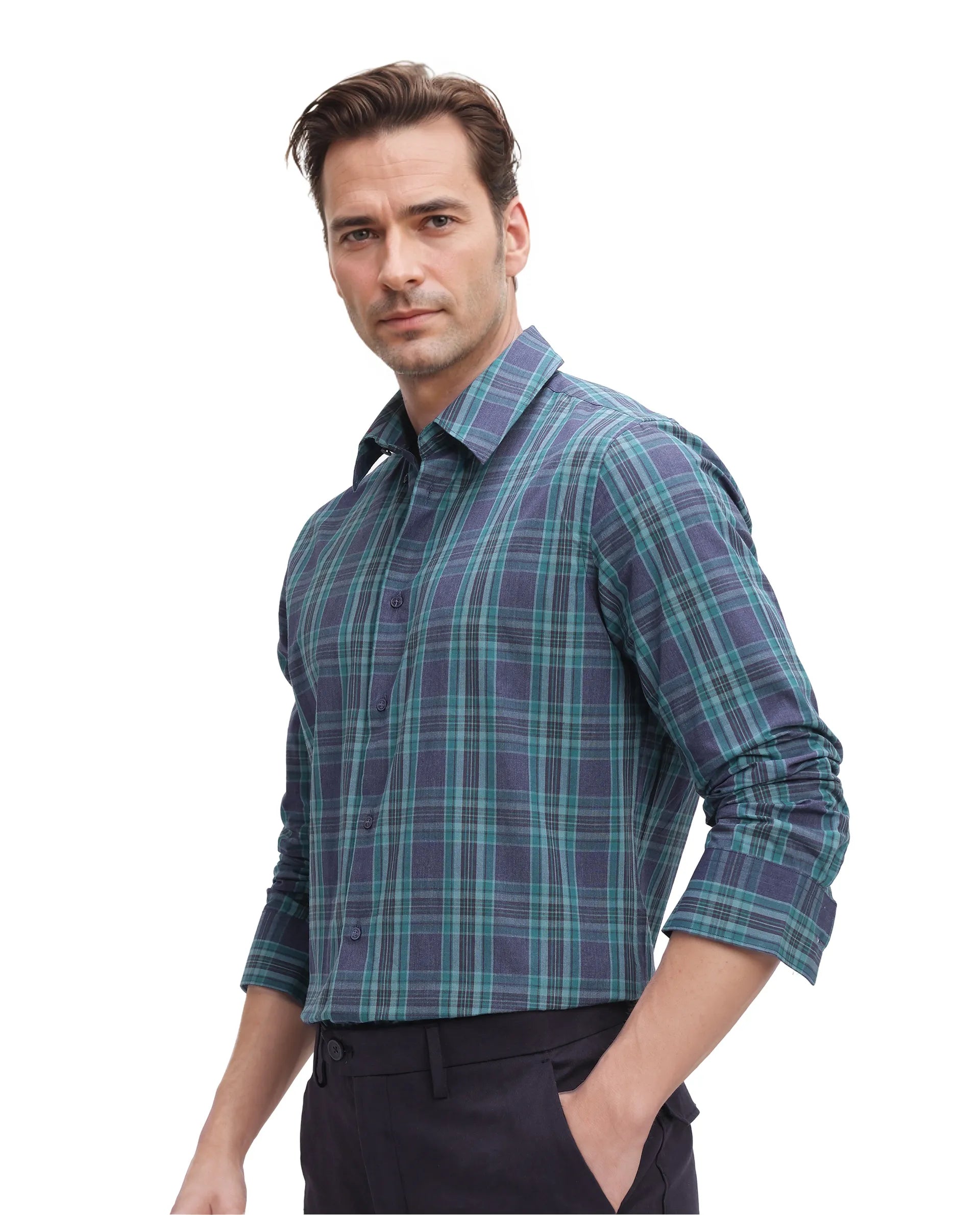 Rare Rabbit Men's Libya Turq Cotton Fabric Full Sleeve Regular Collar Checks Shirt