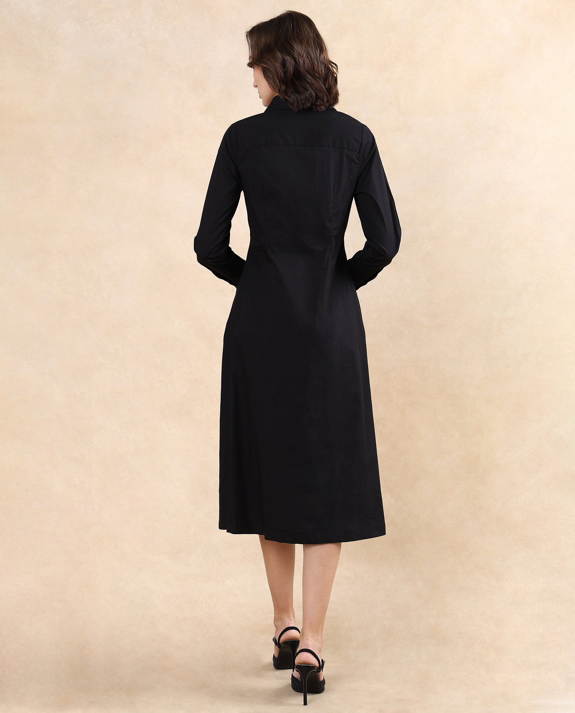 Rareism Women Libz Black Cotton Fabric Cuffed Sleeve Collared Neck Button Closure Fit And Flare Midi Plain Dress